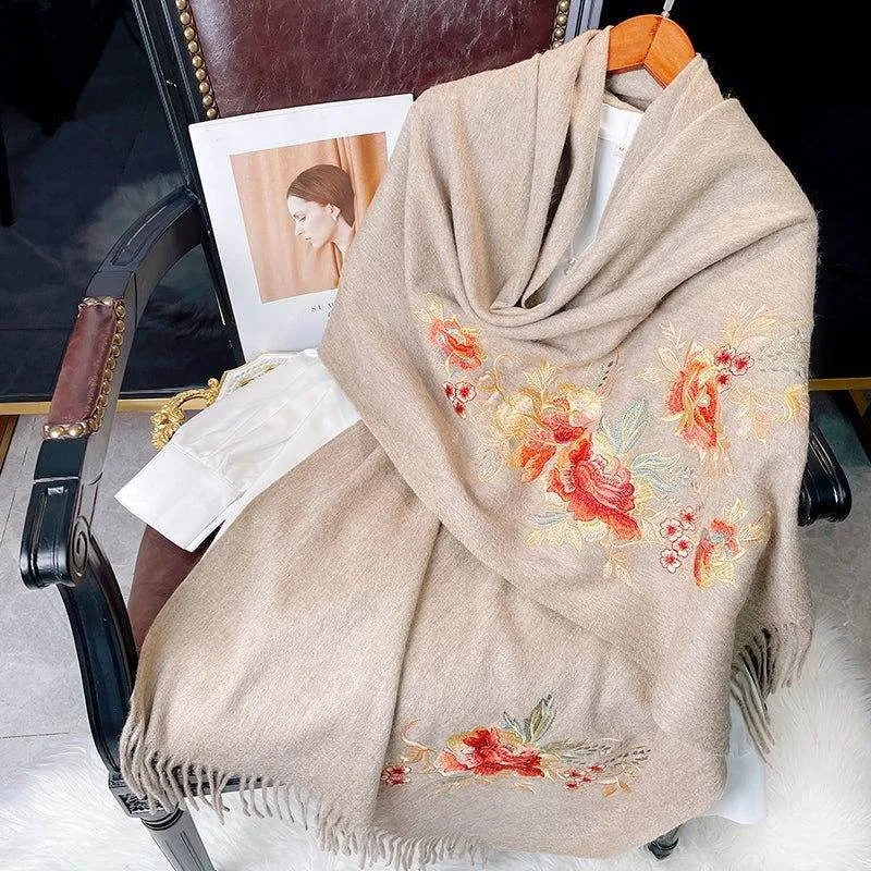 Embroidery 100% Pure Cashmere Scarf Elegant Floral Design 200x60 cm