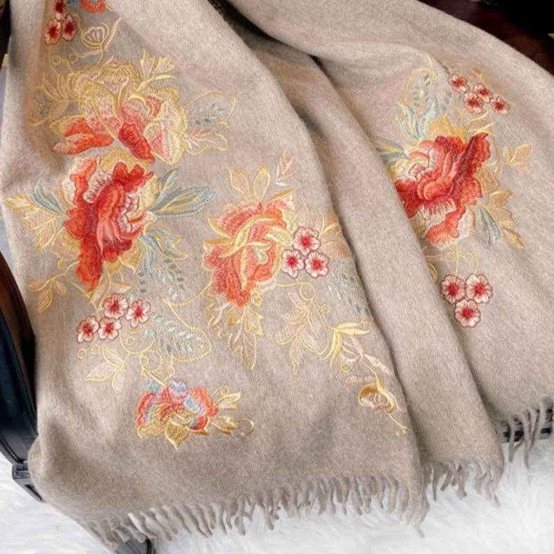 Embroidery 100% Pure Cashmere Scarf Elegant Floral Design 200x60 cm