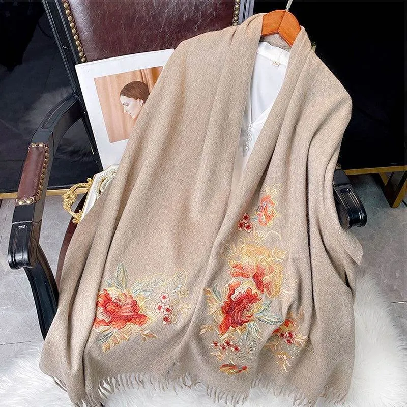 Embroidery 100% Pure Cashmere Scarf Elegant Floral Design 200x60 cm