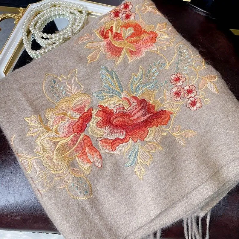 Embroidery 100% Pure Cashmere Scarf Elegant Floral Design 200x60 cm