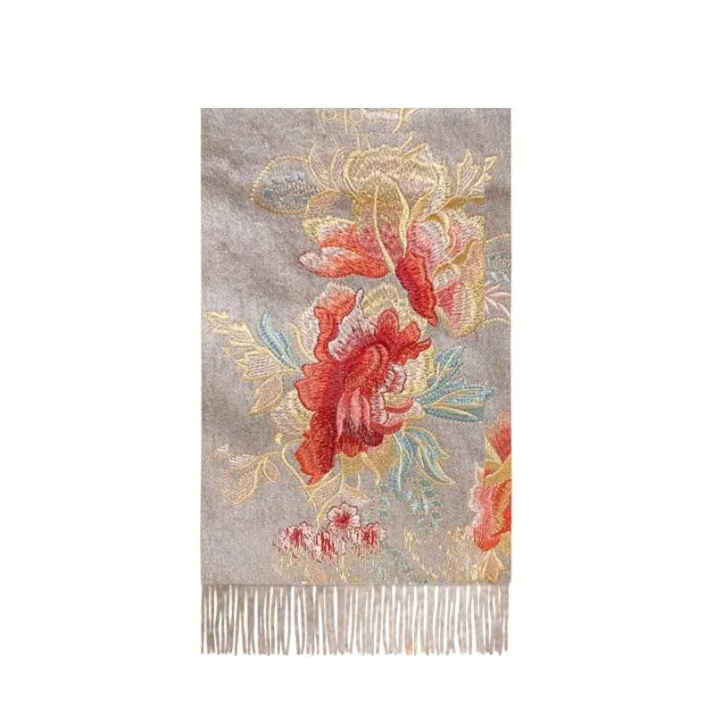 Embroidery 100% Pure Cashmere Scarf Elegant Floral Design 200x60 cm