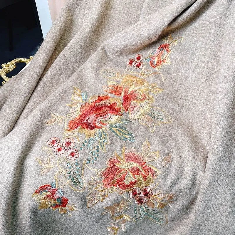 Embroidery 100% Pure Cashmere Scarf Elegant Floral Design 200x60 cm