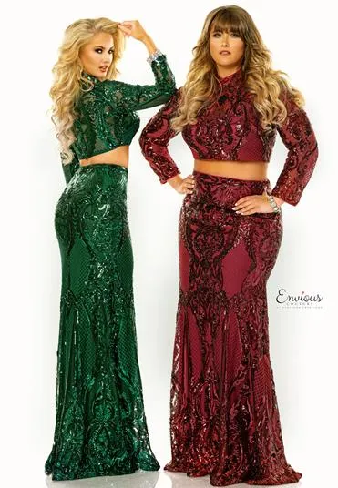 Envious Couture 1463 Burgundy Sequin Long Sleeve 2 Piece Dress