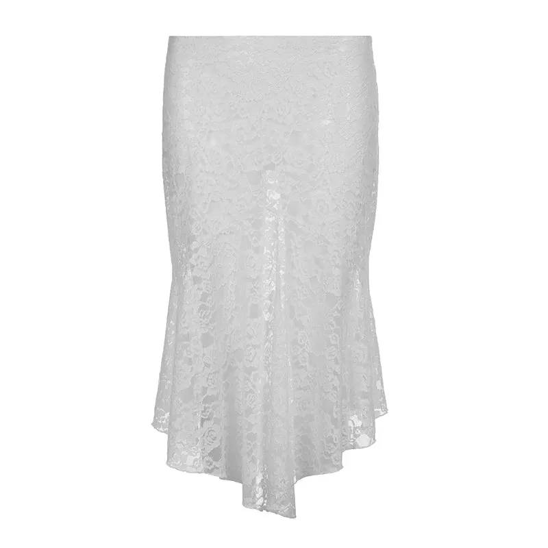 Fashion White Low Rise Lace Skirt Trumpet Streetwear Elegant See Through Midi Skirt Women Bobo Chic Party Sexy Bottom