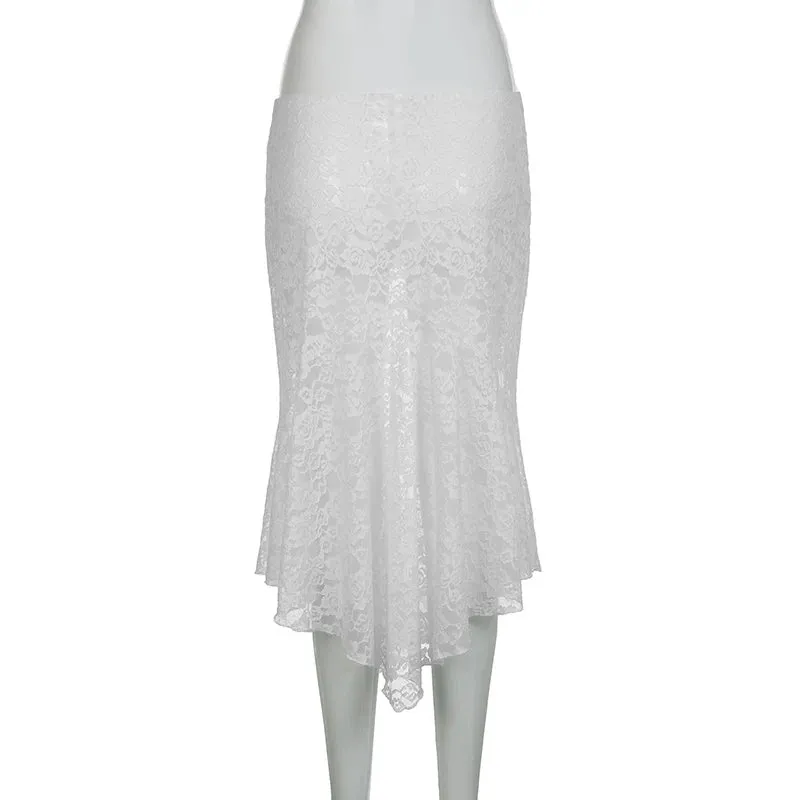 Fashion White Low Rise Lace Skirt Trumpet Streetwear Elegant See Through Midi Skirt Women Bobo Chic Party Sexy Bottom