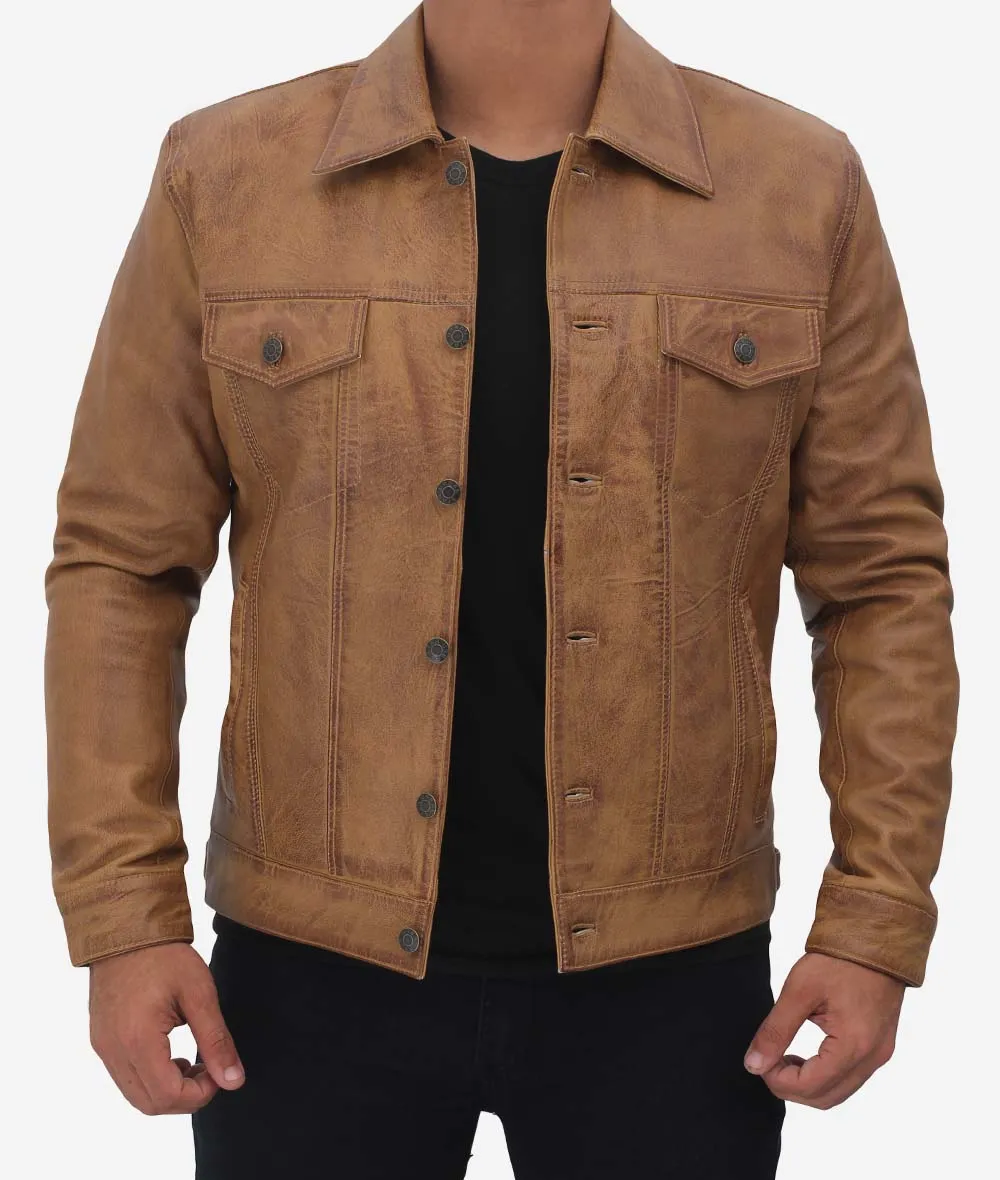 Fernando Camel Leather Trucker Jacket Mens