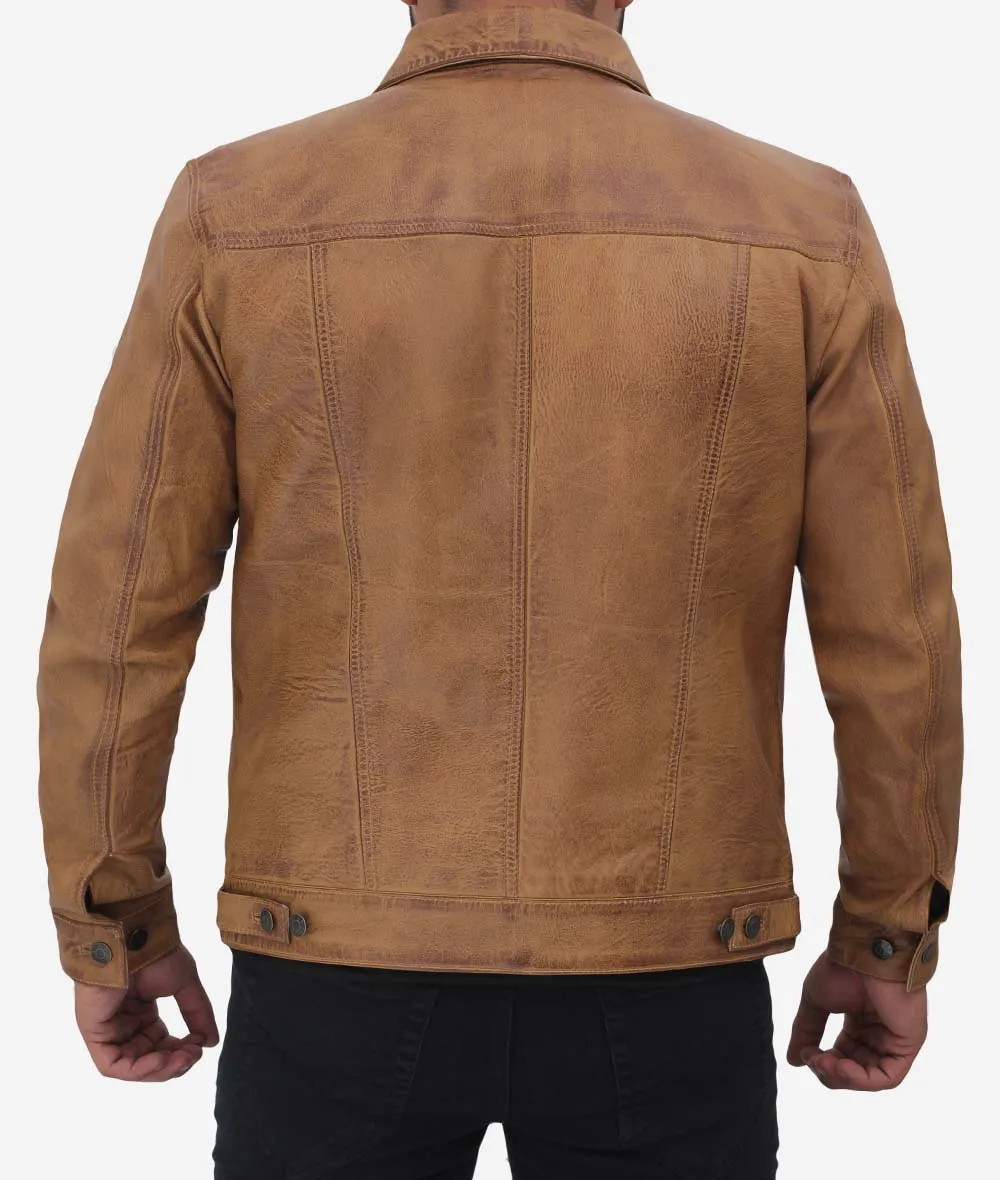 Fernando Camel Leather Trucker Jacket Mens