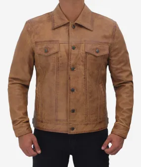 Fernando Camel Leather Trucker Jacket Mens