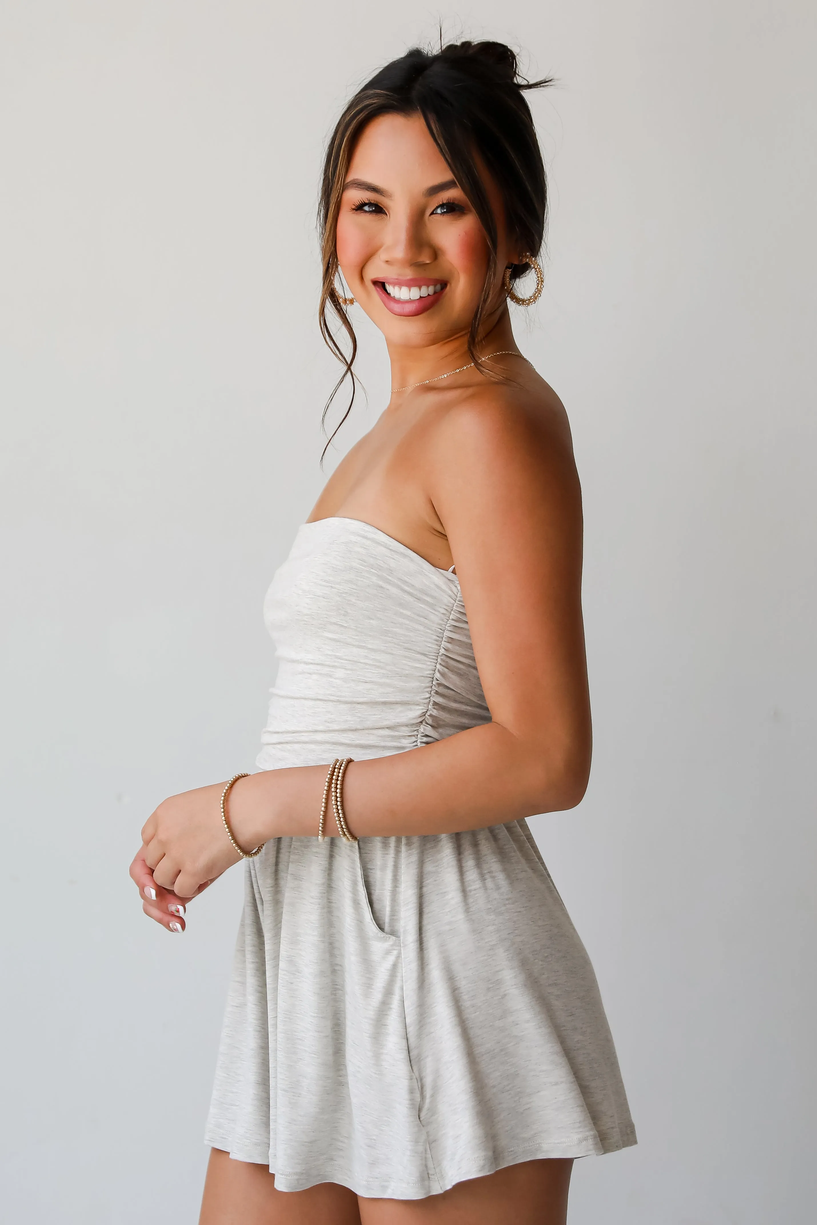 FINAL SALE - Effortless Upgrade Heather Grey Strapless Romper