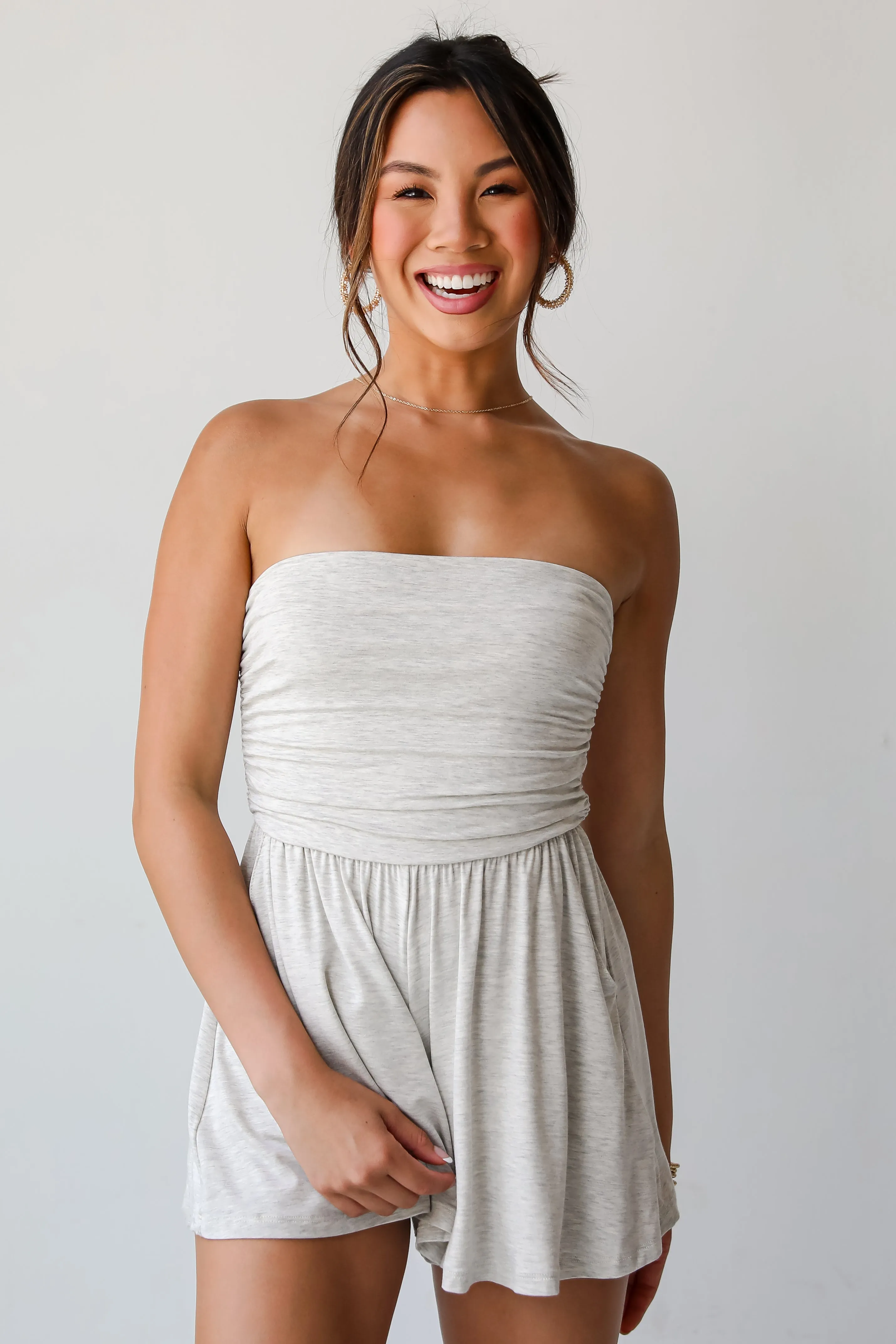 FINAL SALE - Effortless Upgrade Heather Grey Strapless Romper