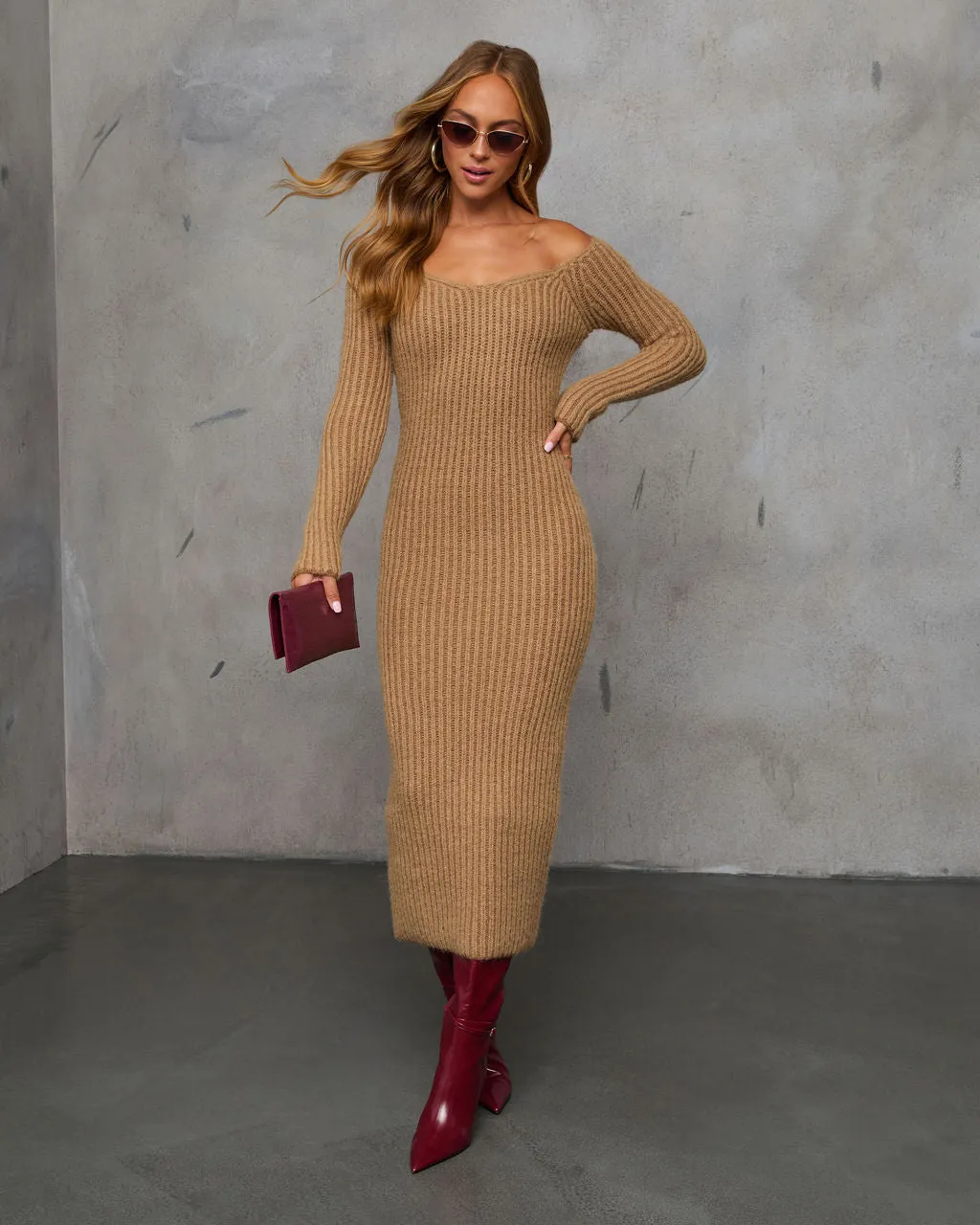 Fit Right In Off Shoulder Midi Sweater Dress