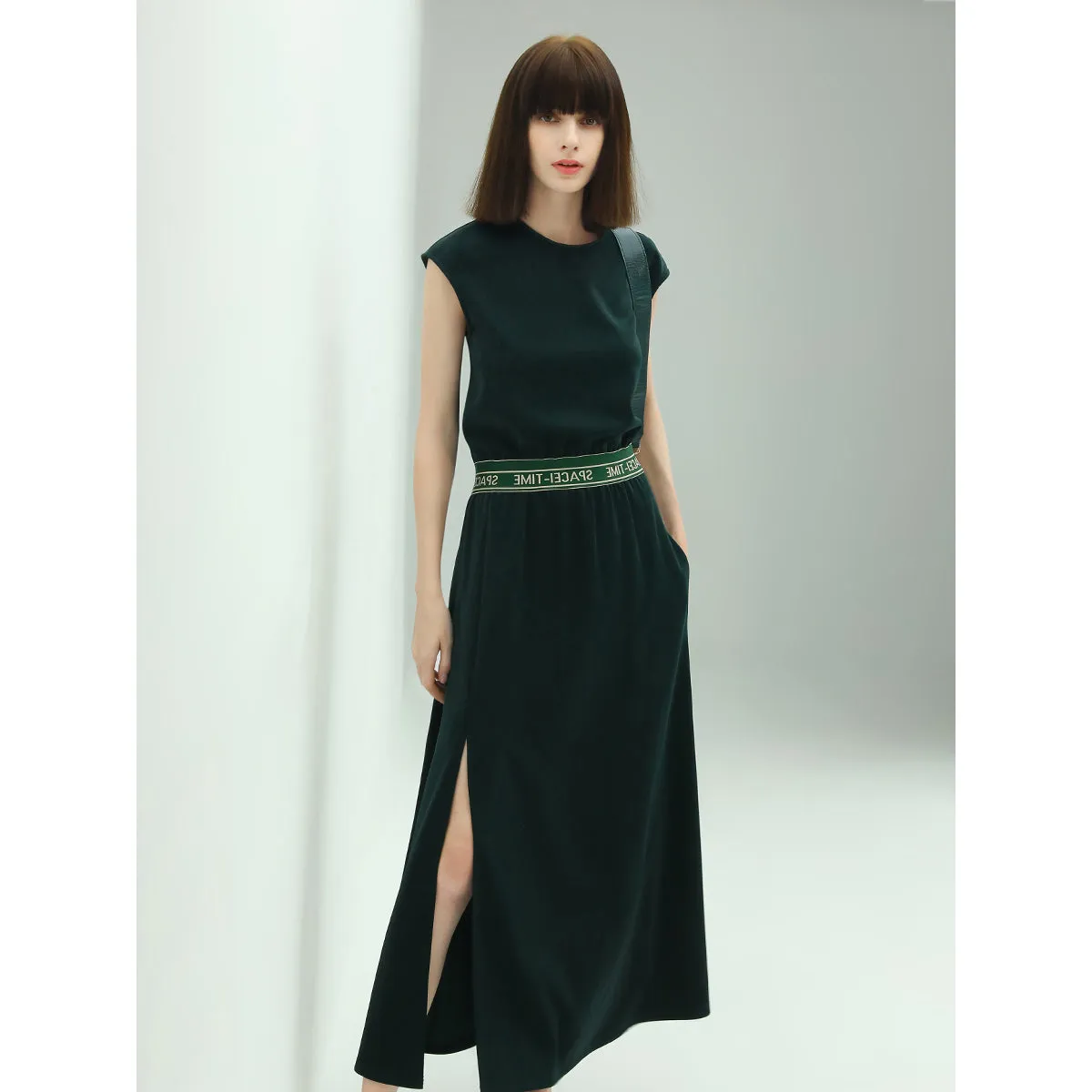 Floor Length Liquid Green Dress with Capped Sleeves