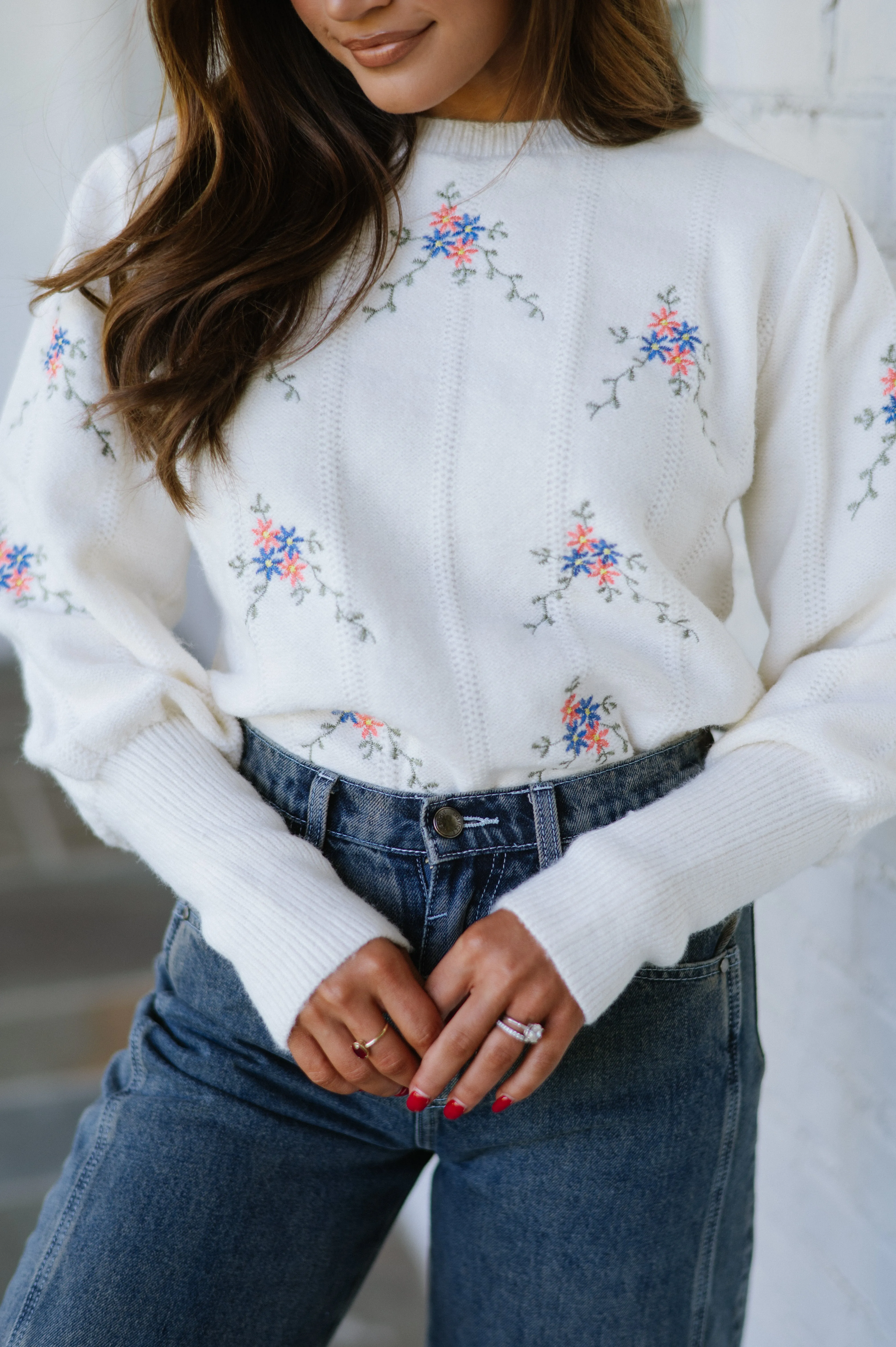 Floral Embroidered Sweater-Ivory