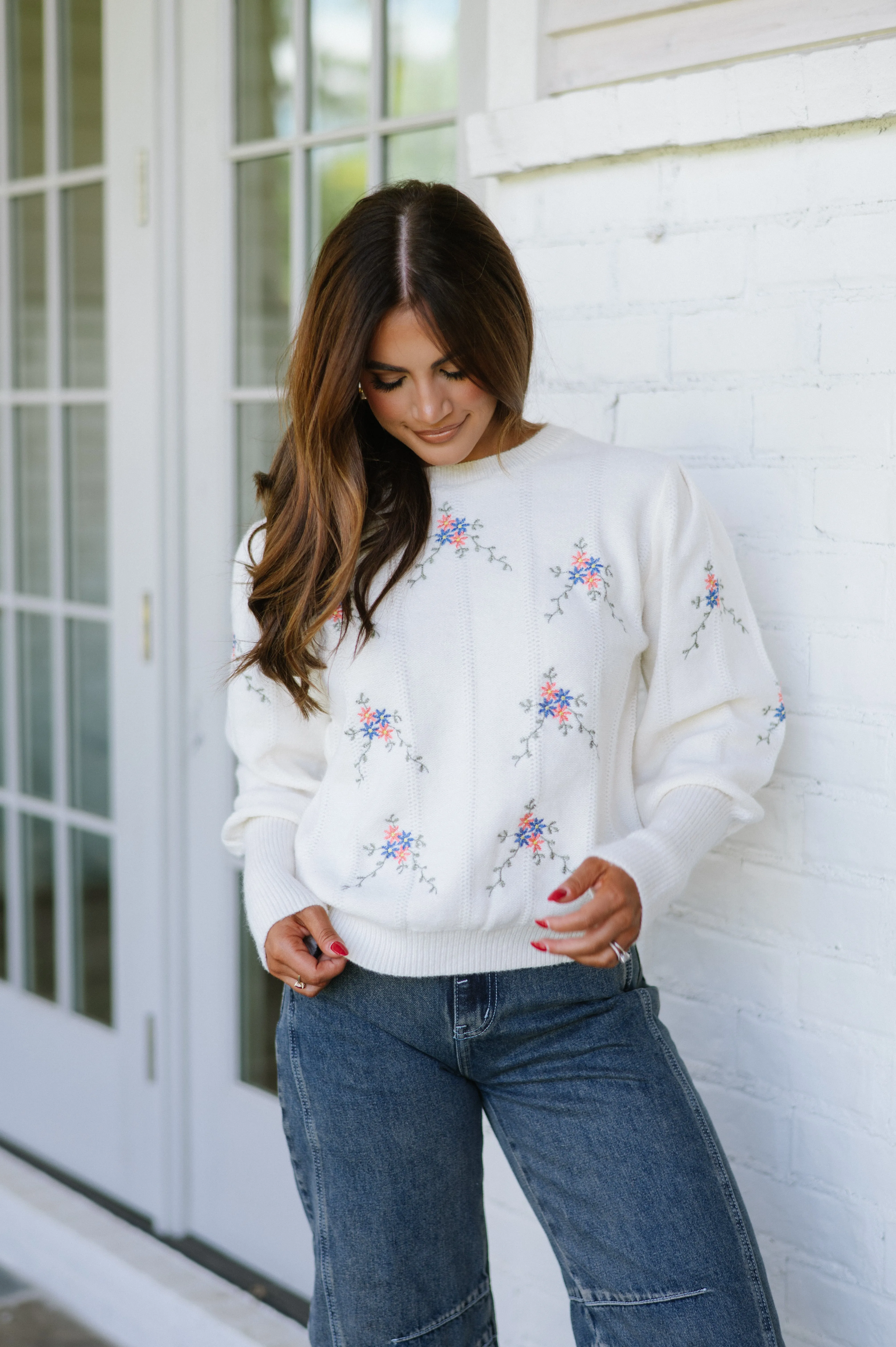 Floral Embroidered Sweater-Ivory