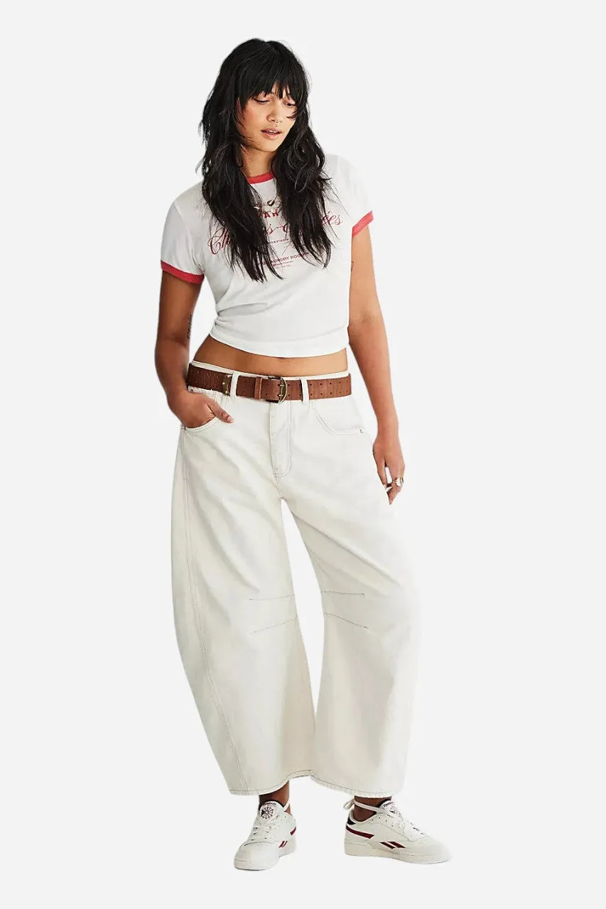 Free People Good Luck Mid-Rise Barrel Jeans in Milk