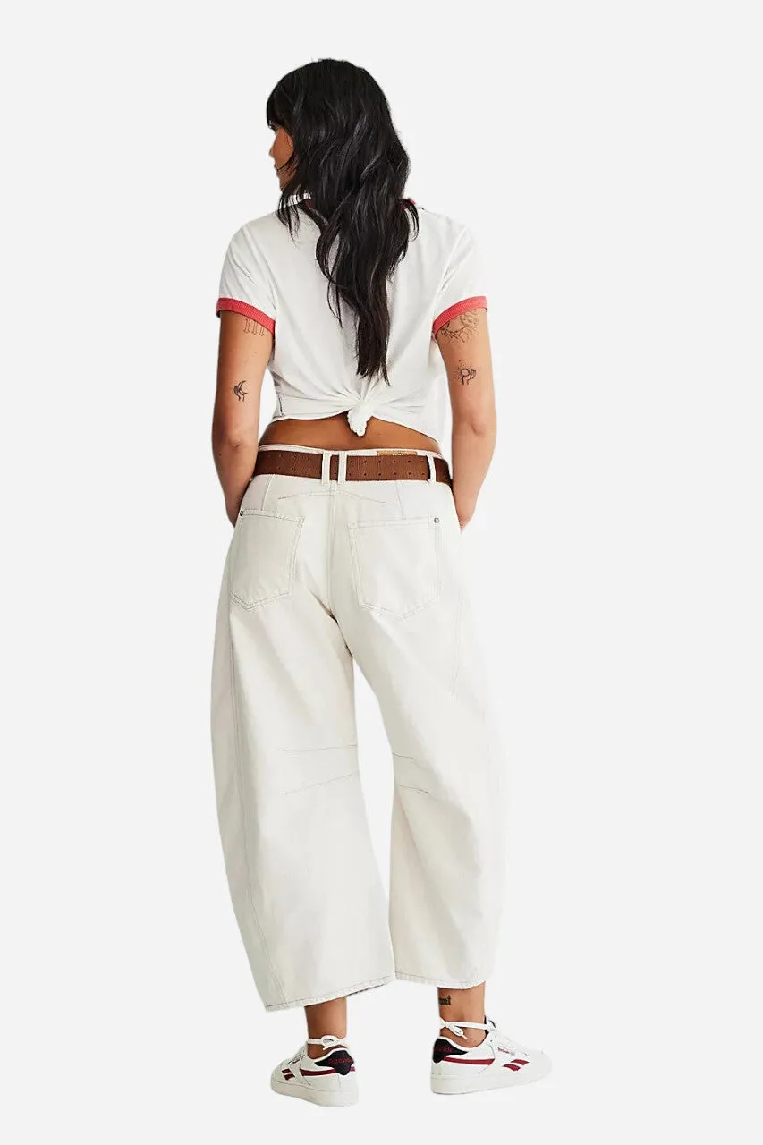 Free People Good Luck Mid-Rise Barrel Jeans in Milk