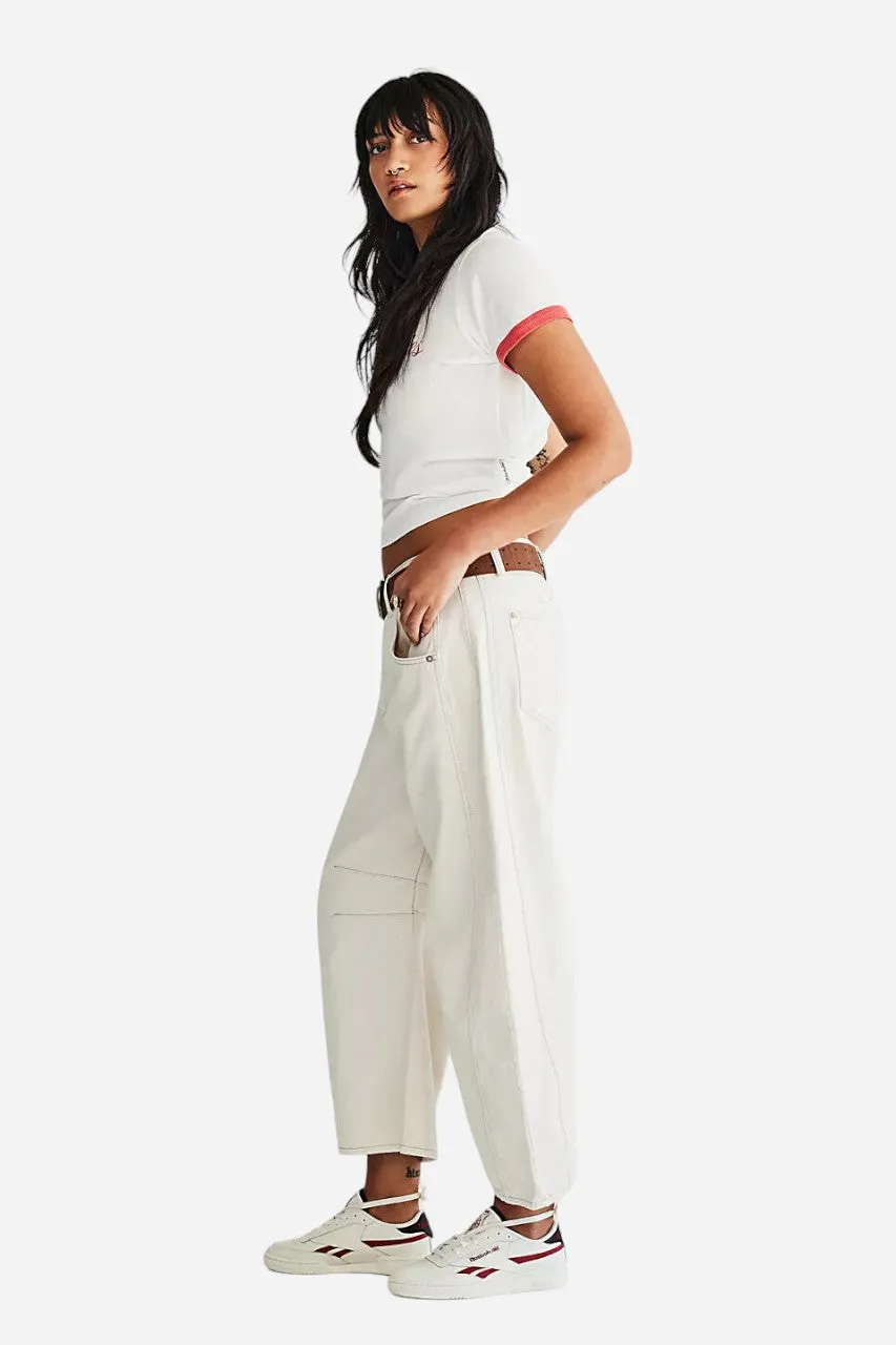 Free People Good Luck Mid-Rise Barrel Jeans in Milk