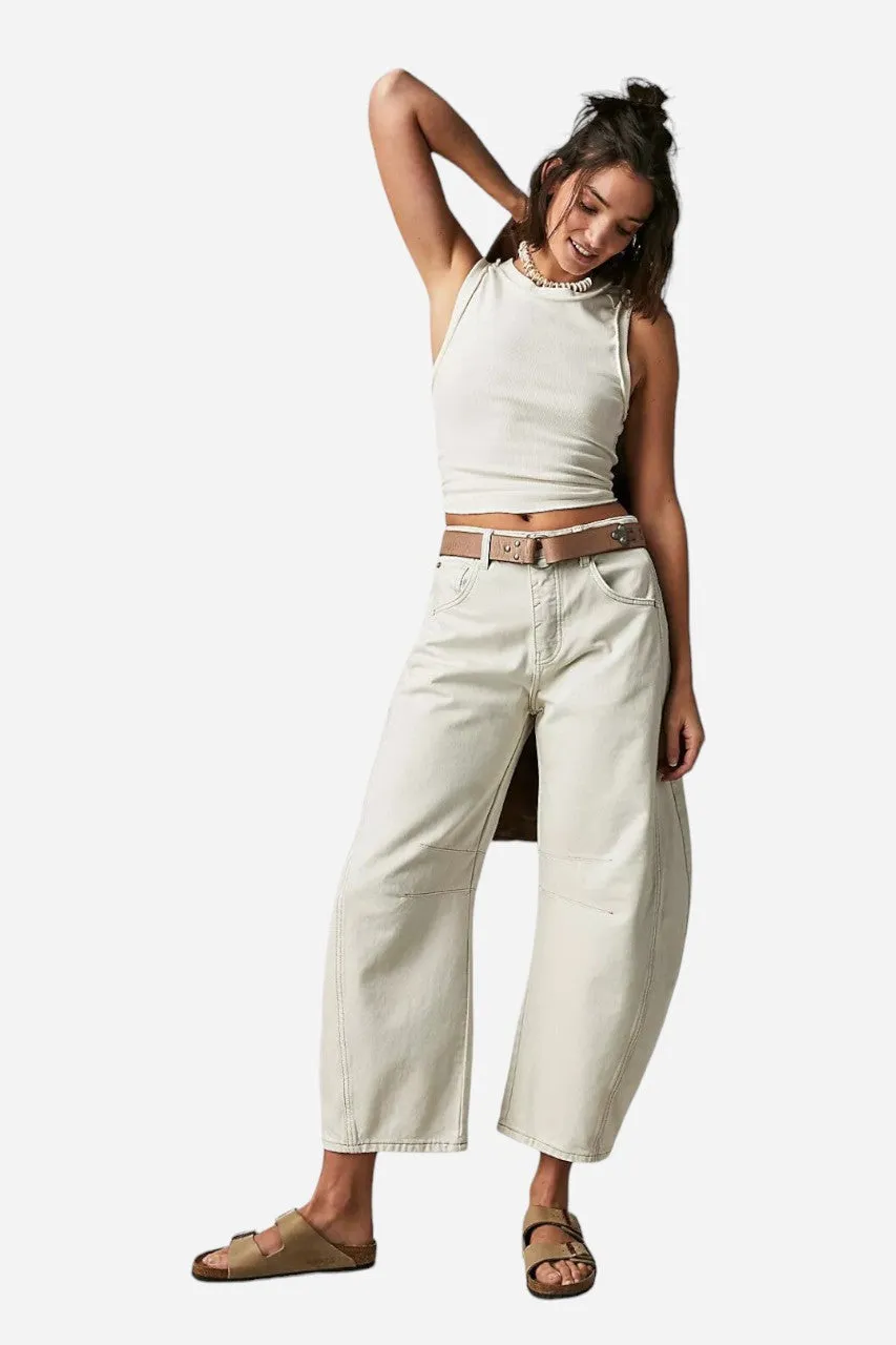 Free People Good Luck Mid-Rise Barrel Jeans in Milk