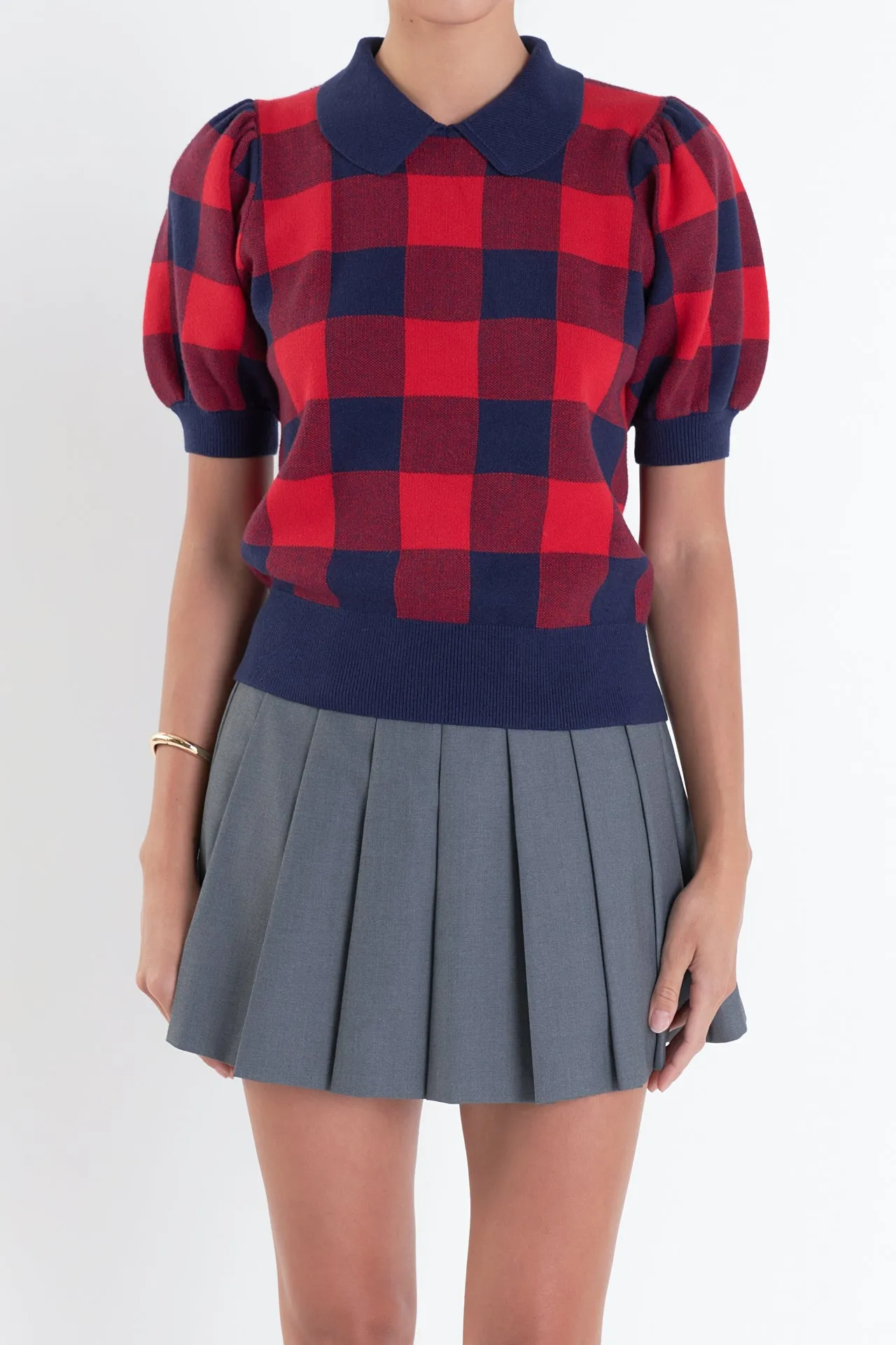 Gingham Collar Knit Top