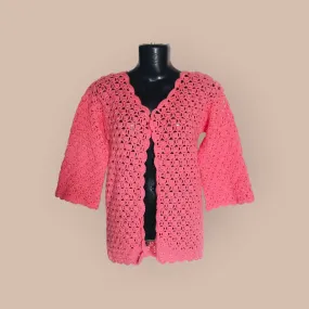 Graminarts Handmade Crochet Pattern Woolen Pink Cardigan For Ladies