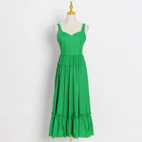 Green Sexy Summer Dress For Women Round Neck Sleeveless High Waist Solid Minimalist Ruched Midi Dresses Female