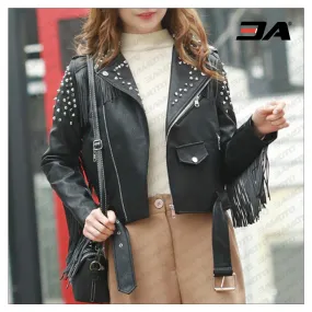 Handmade New Woman Full White Brando Punk Silver Metal Studded Design Leather Jacket, Western style fringes jacket women