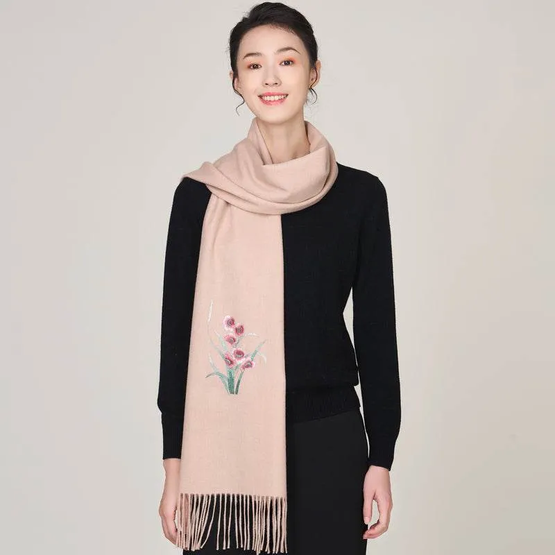 Handmade Suzhou Embroidery Wool Cashmere Scarf with Narcissus Flower 200x38cm