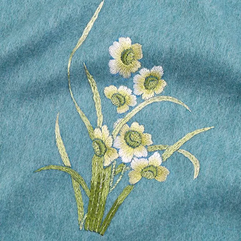 Handmade Suzhou Embroidery Wool Cashmere Scarf with Narcissus Flower 200x38cm