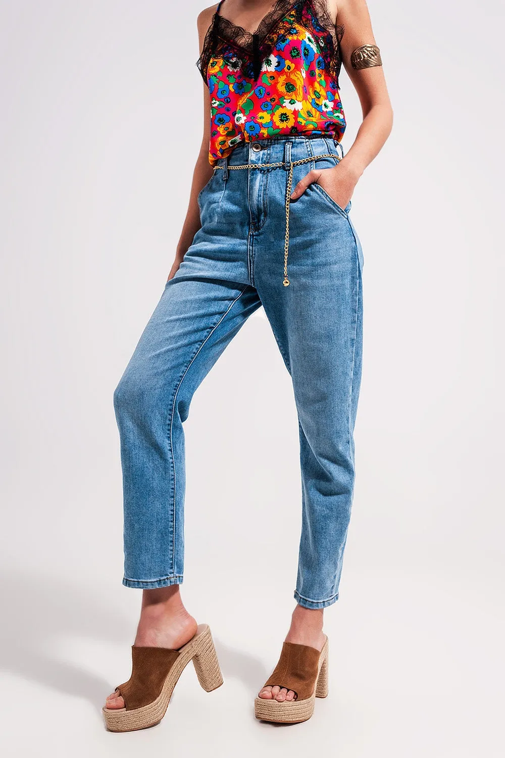 High Rise Straight Leg Belt Detail Jeans in Light Wash