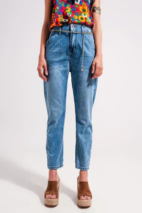 High Rise Straight Leg Belt Detail Jeans in Light Wash