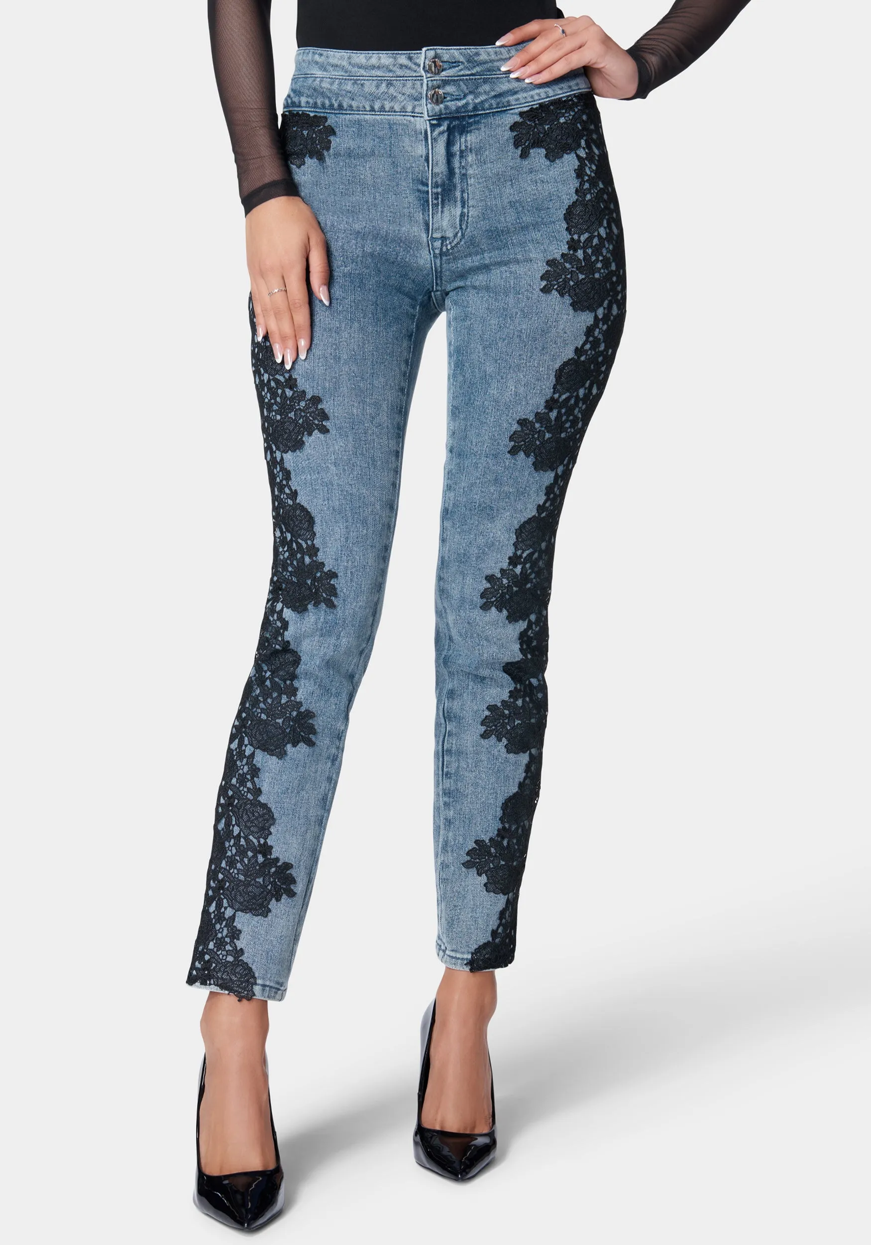 High Waist Lace Applique Slim Leg Denim Jeans