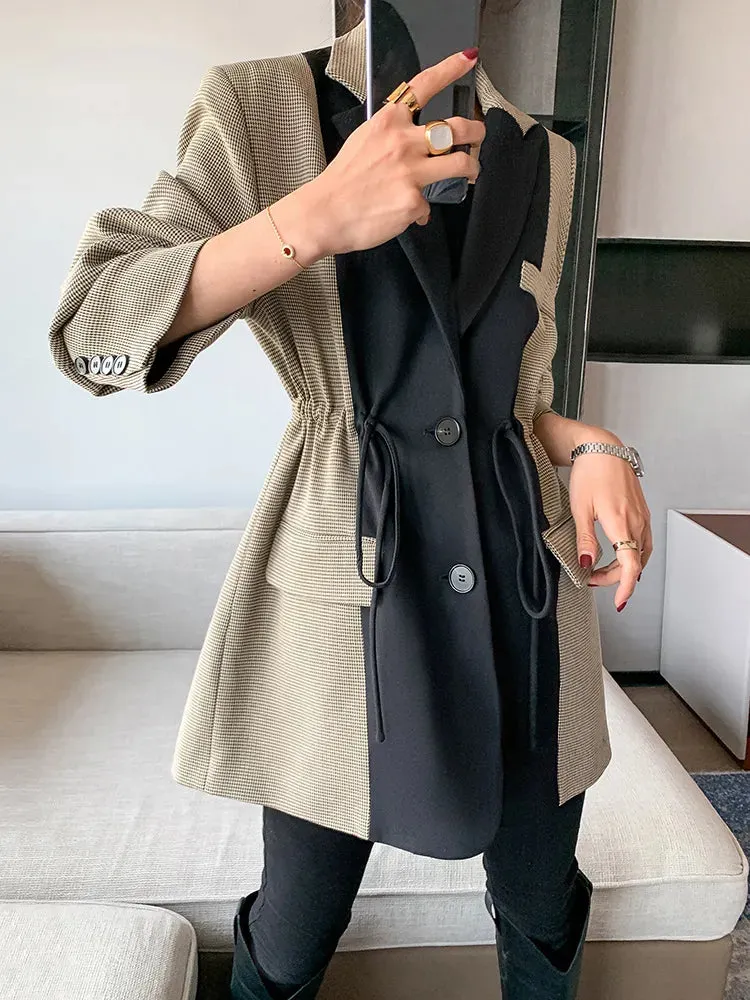 Hit Color Blazers For Women Lapel Long Sleeve Patchwork Pocket Drawstring Casual Blazers Female Spring Clothing