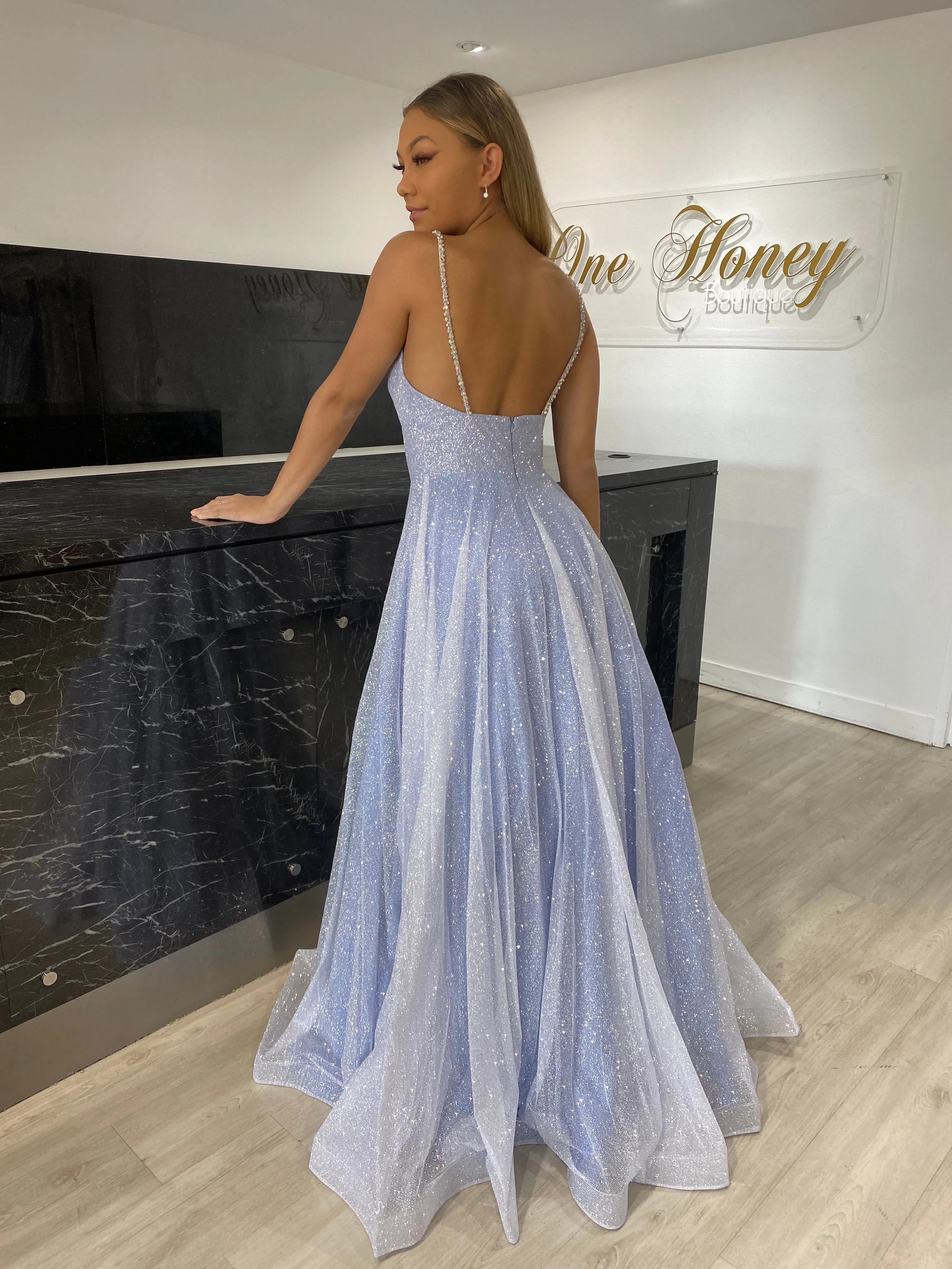 Honey Couture LIVIA Baby Blue Silver Glitter Ball Gown Formal Dress