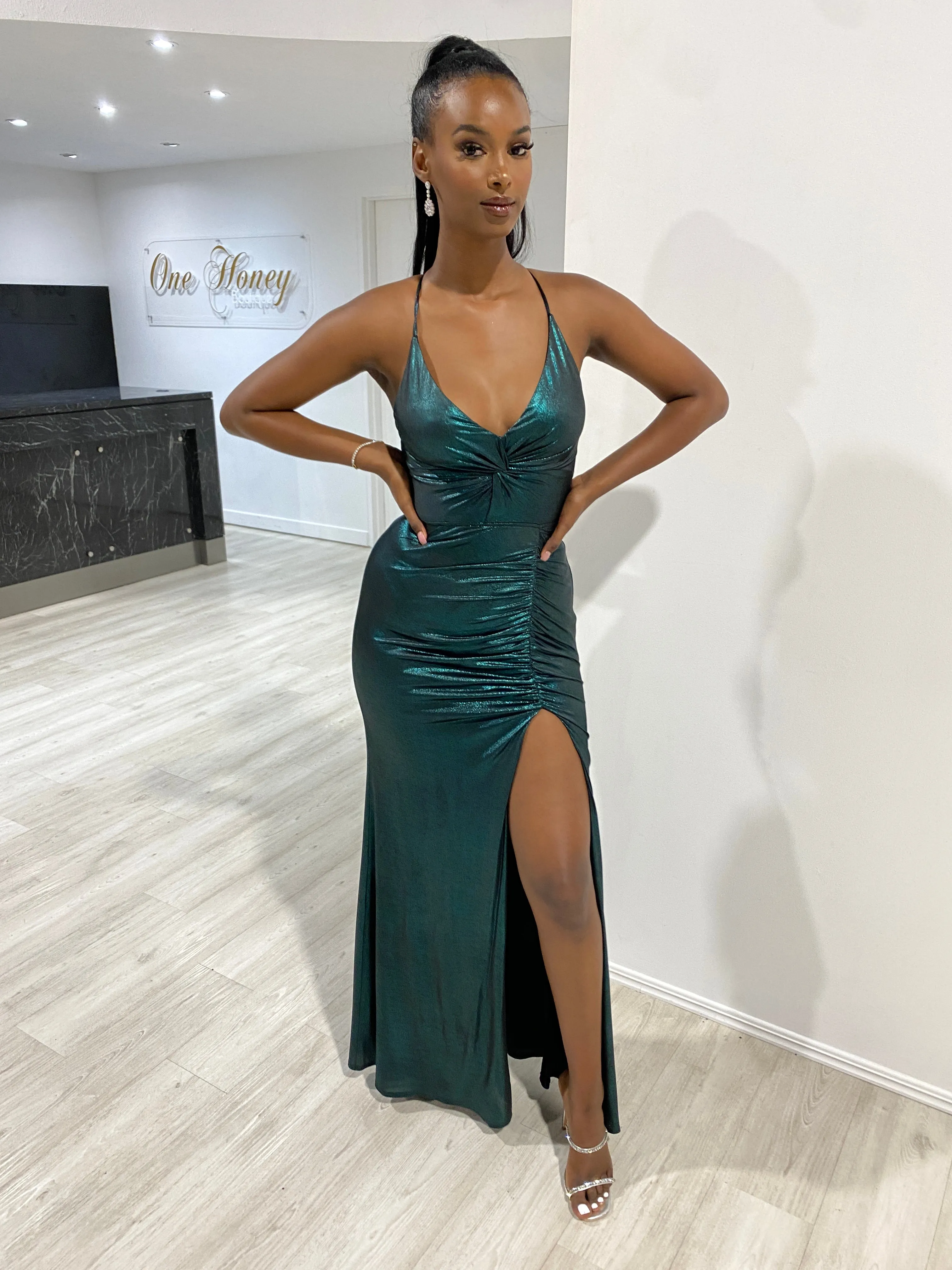 Honey Couture MARI Green Shimmer Lace Back Bum Ruching Formal Dress