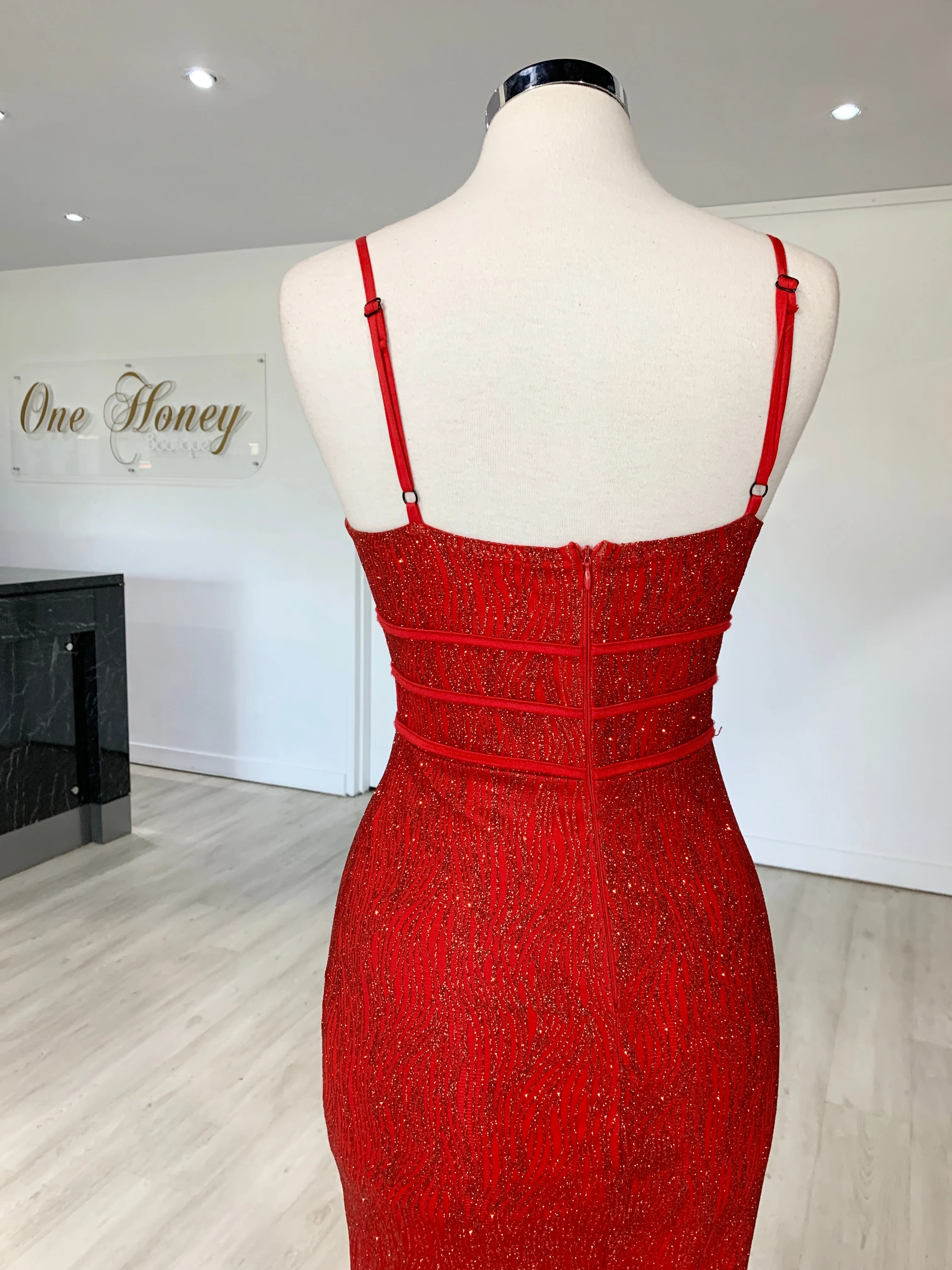 Honey Couture SARAI Red Glitter Mermaid Evening Gown Dress