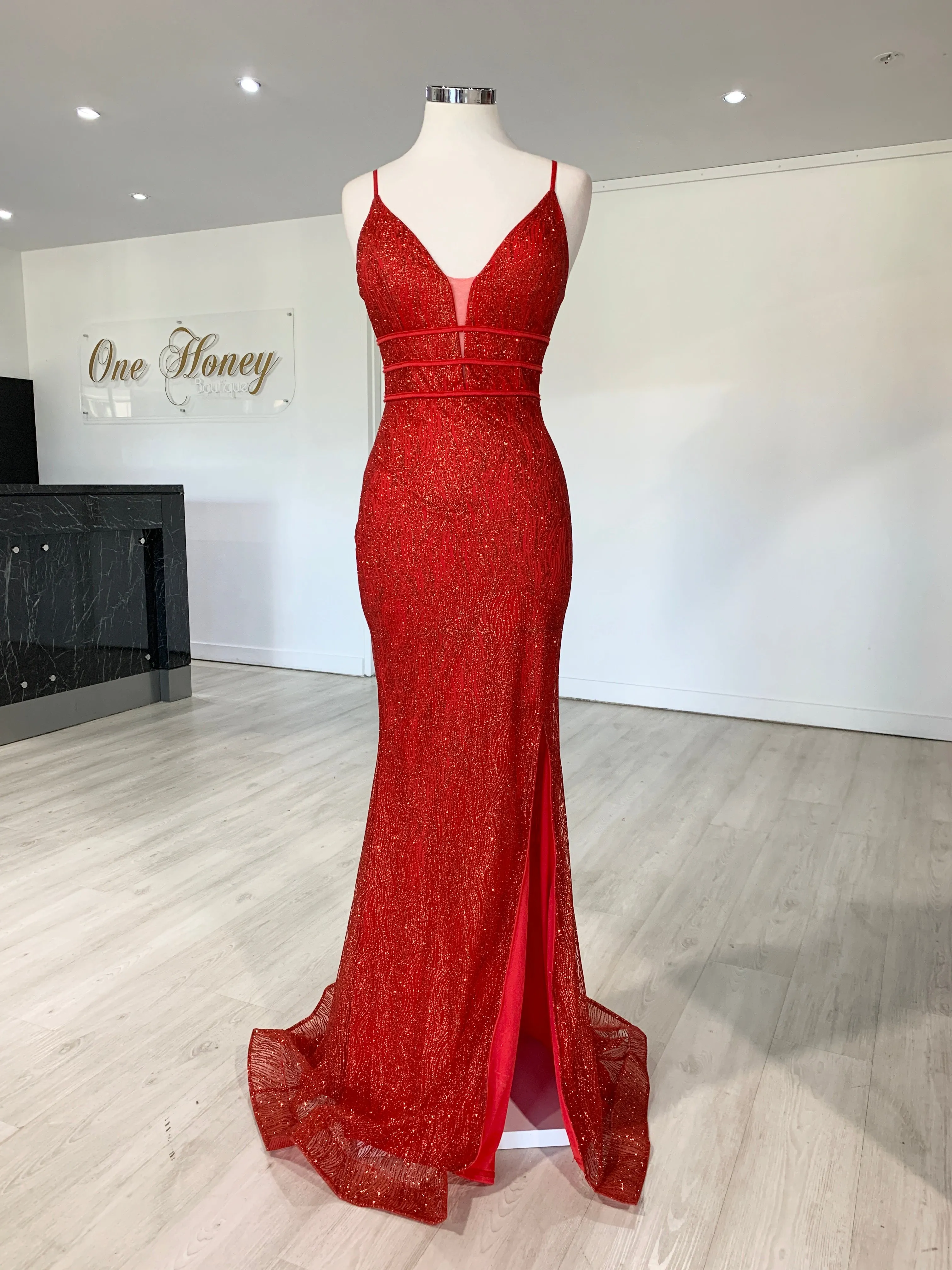 Honey Couture SARAI Red Glitter Mermaid Evening Gown Dress