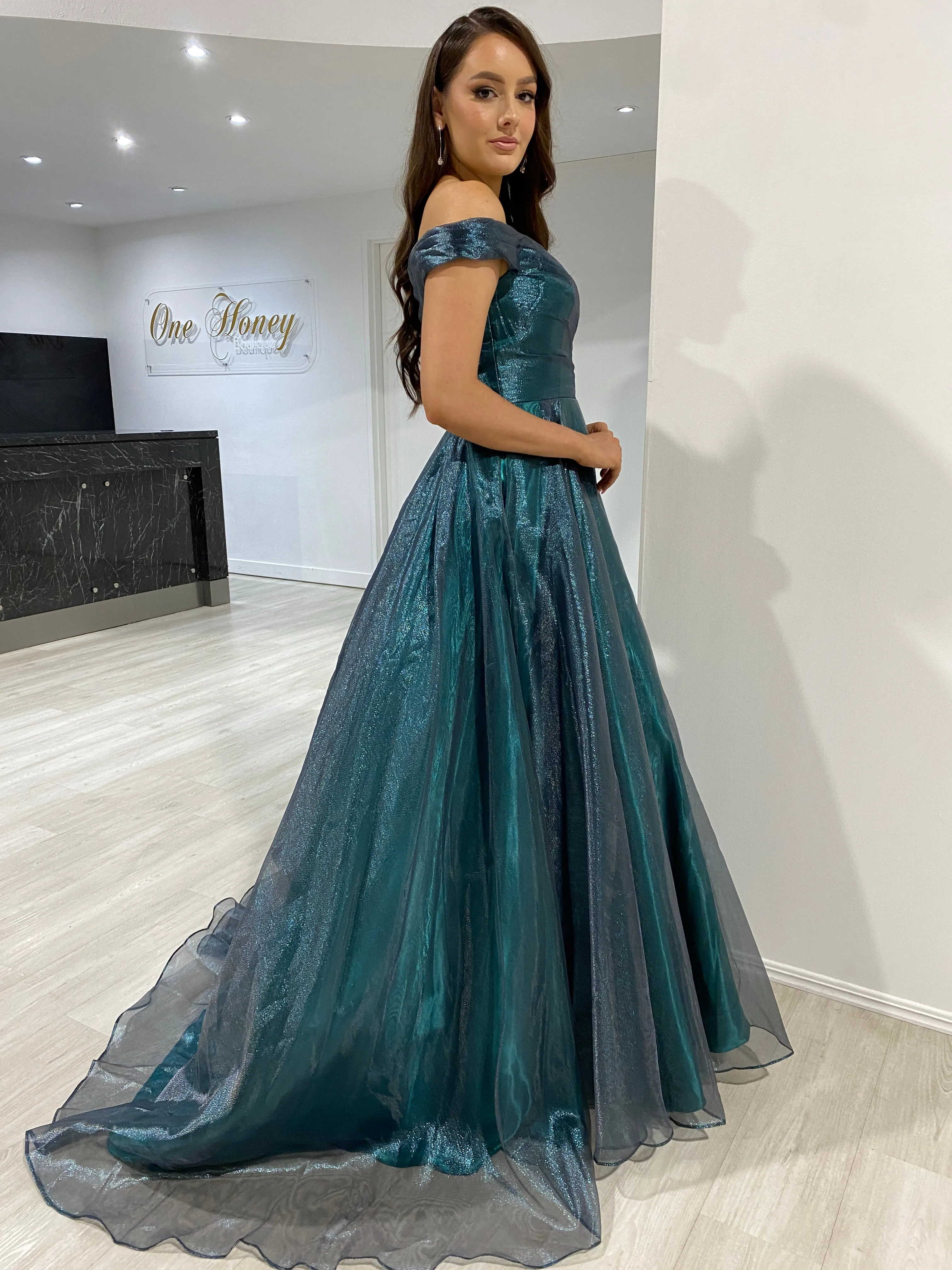 Honey Couture SARIA Emerald Green Shimmer Ballgown Formal Dress