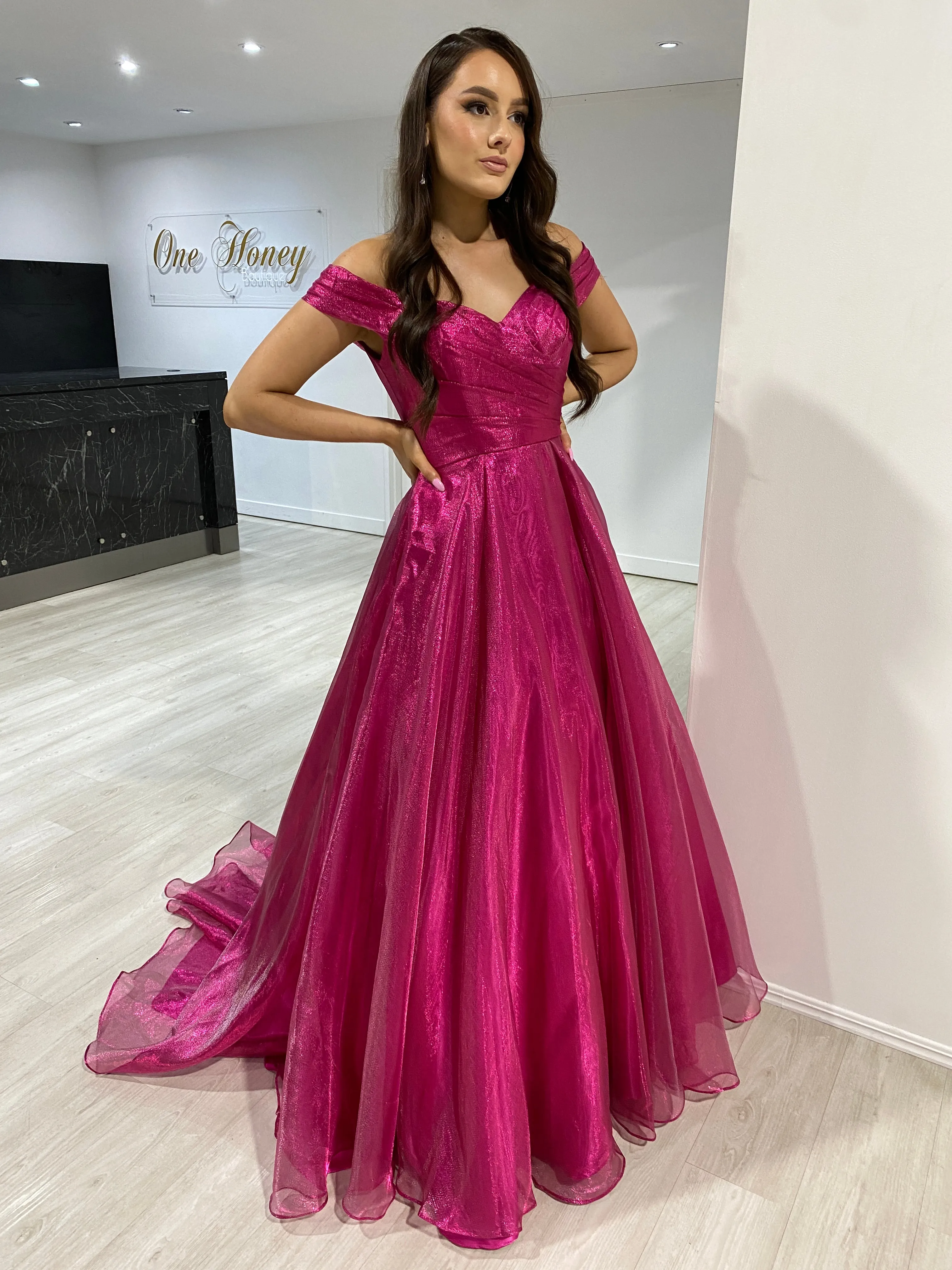 Honey Couture SARIA Hot Pink Shimmer Ballgown Formal Dress