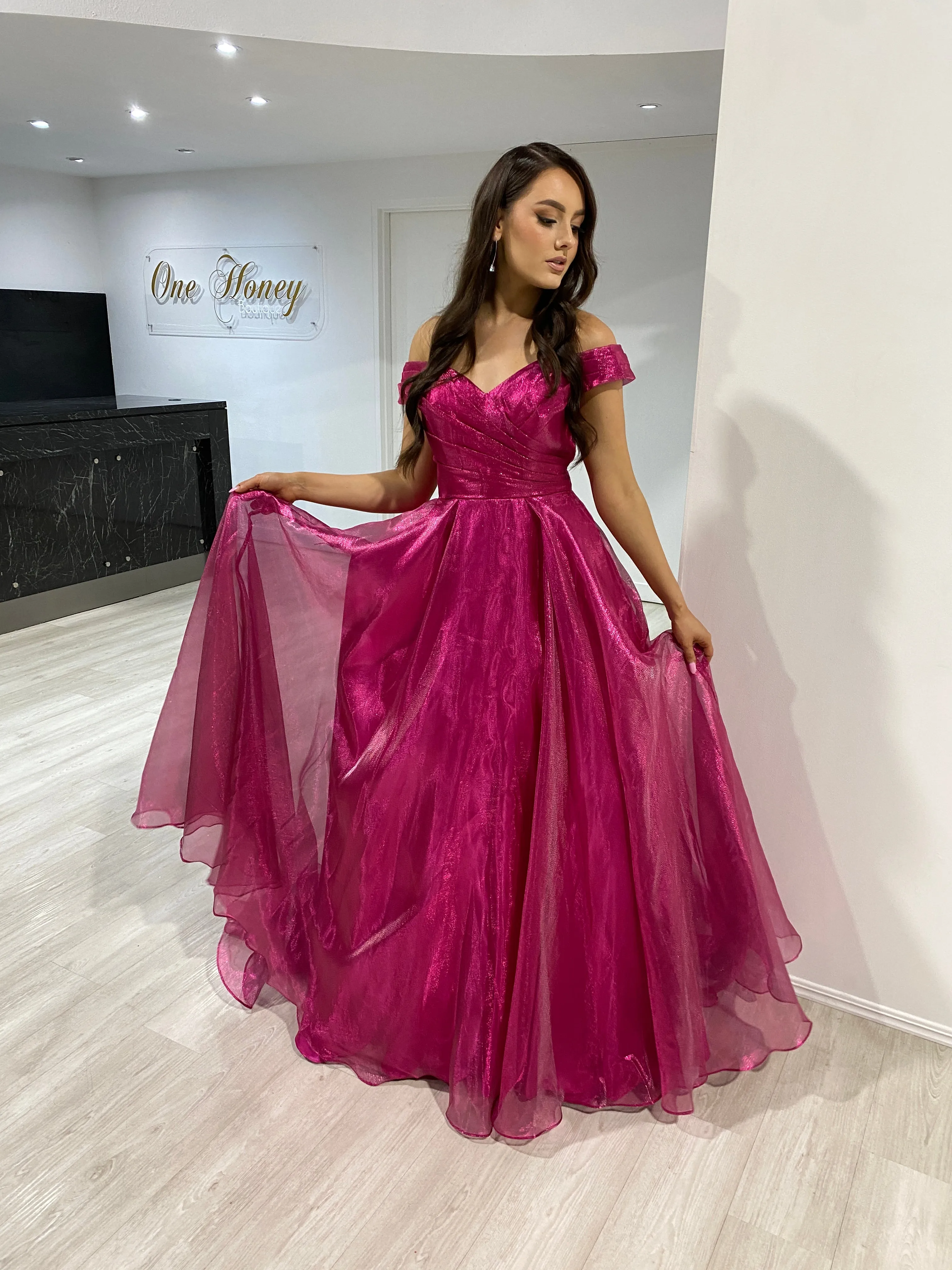 Honey Couture SARIA Hot Pink Shimmer Ballgown Formal Dress