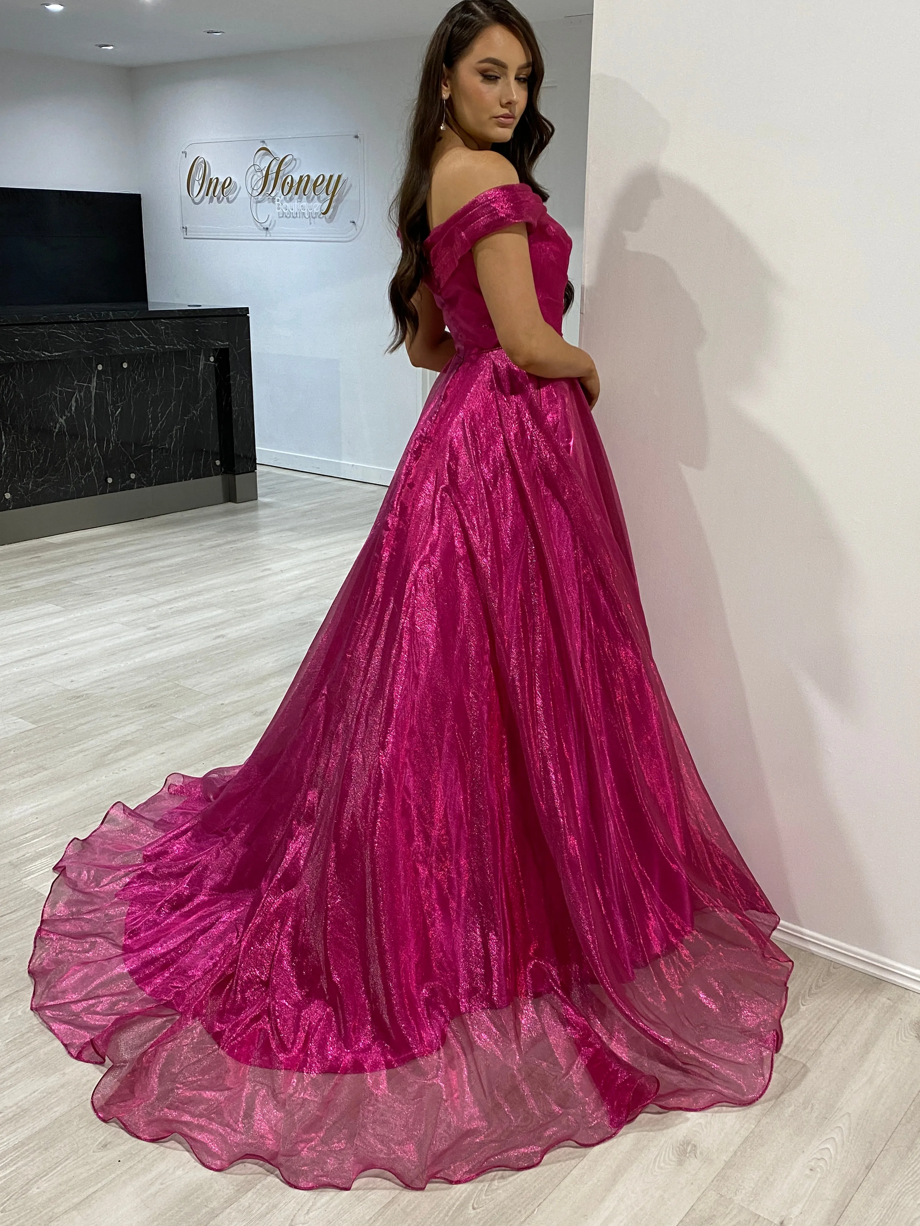 Honey Couture SARIA Hot Pink Shimmer Ballgown Formal Dress