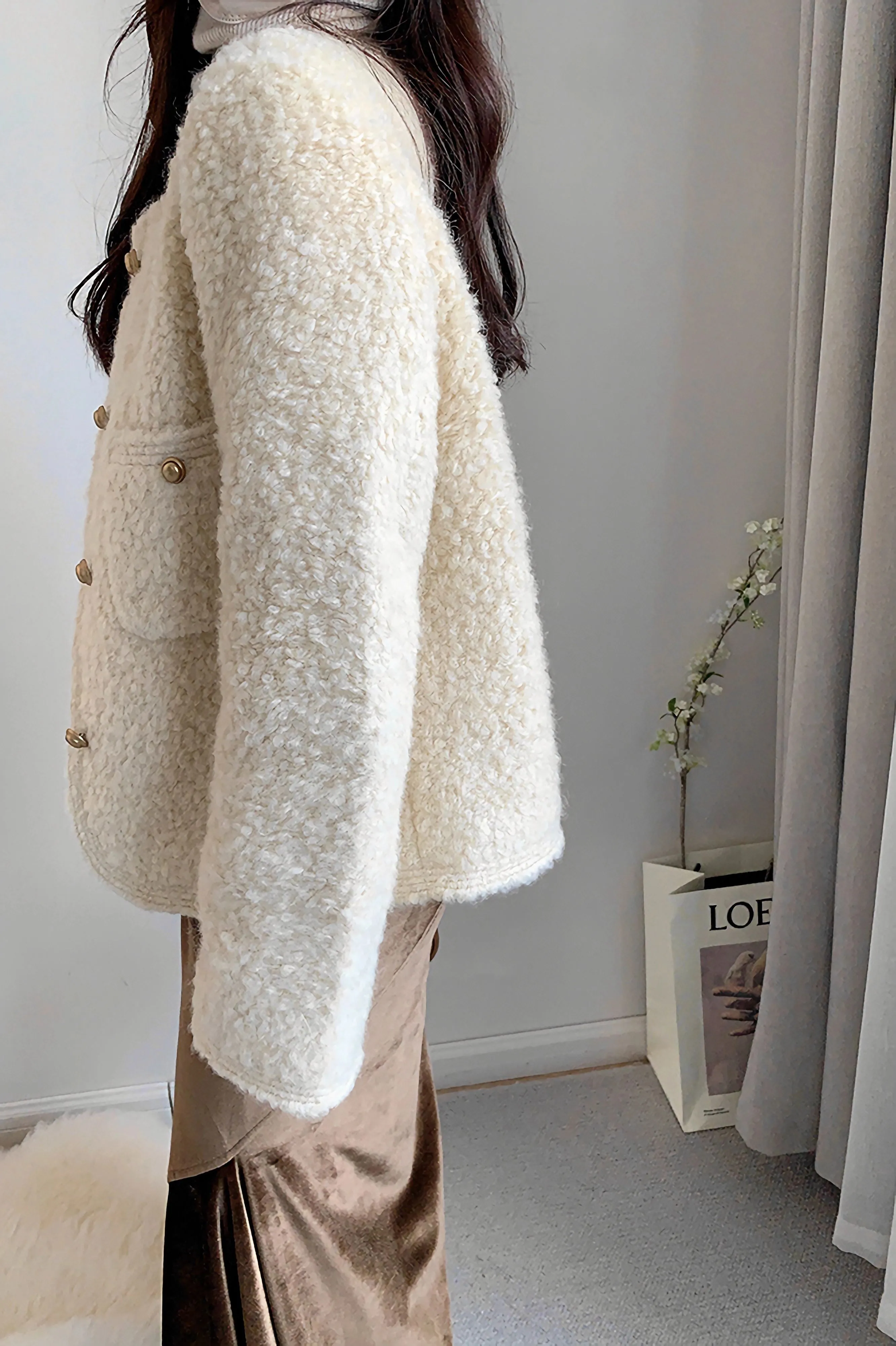 Ivory Wool Blend Fleece Short Jacket