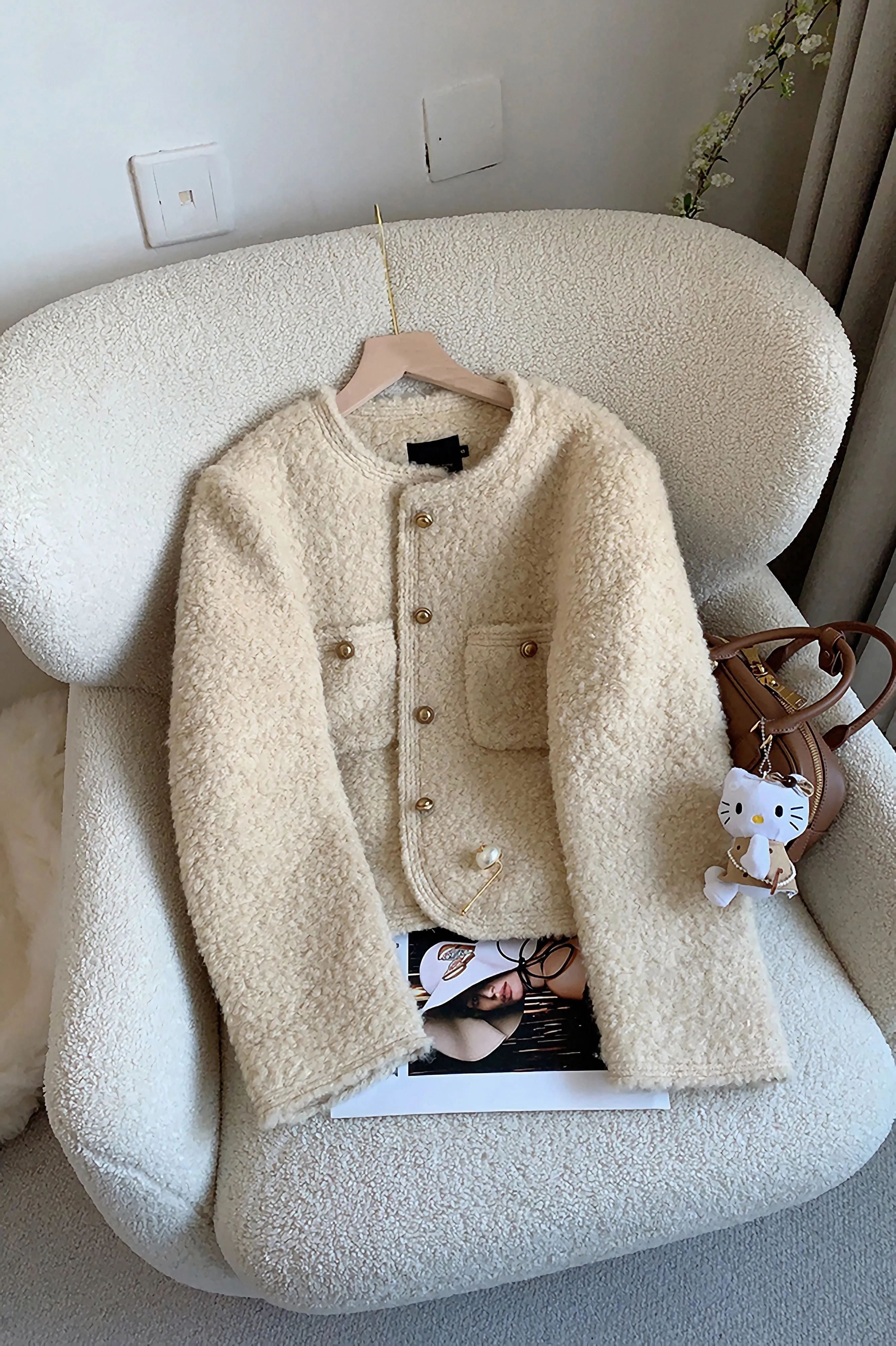 Ivory Wool Blend Fleece Short Jacket