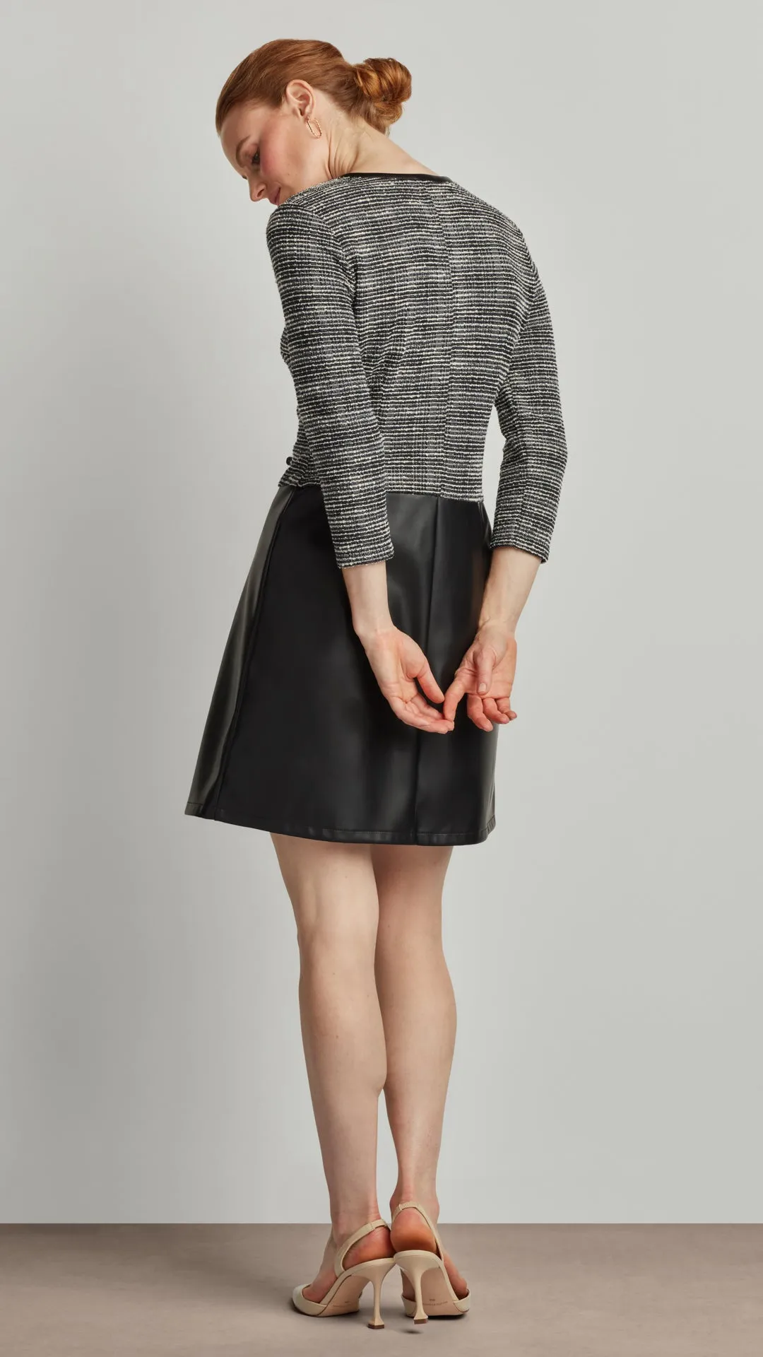 JACQUARD KNIT DRESS WITH VEGAN LEATHER SKIRT