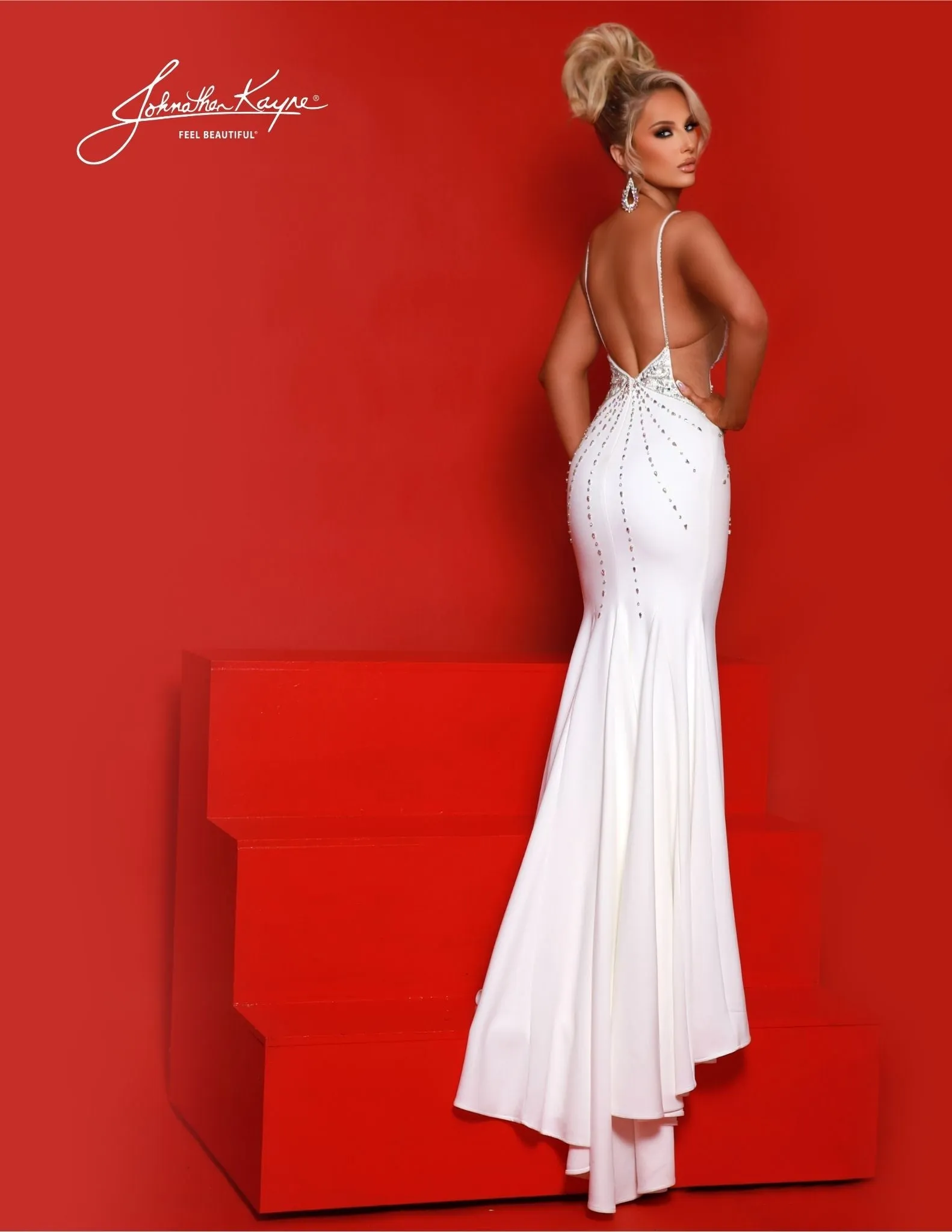 Johnathan Kayne 2881 Long Prom Dress Fitted V- Neckline Cut Out Slit Train Formal Pageant Gown