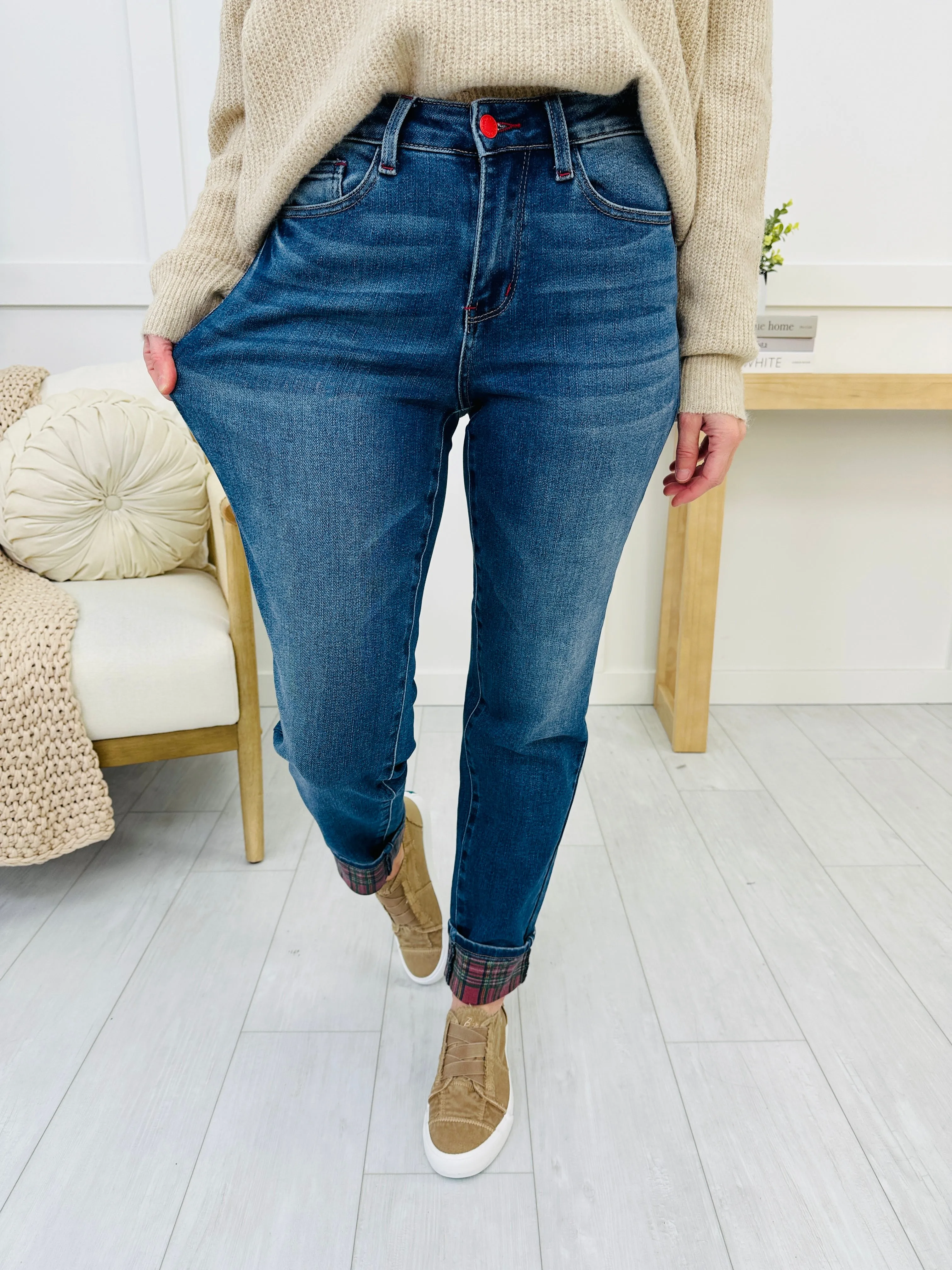 Judy Blue Mad for Plaid Cuffed Boyfriend Jeans in Reg/Curvy