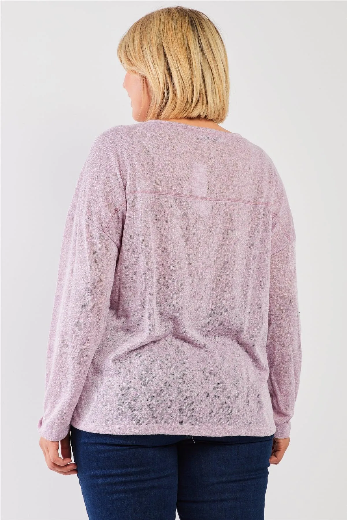 Junior Plus Blush-Lavender Round Neck Lightweight Knit Long Sleeve Top /3-2-1