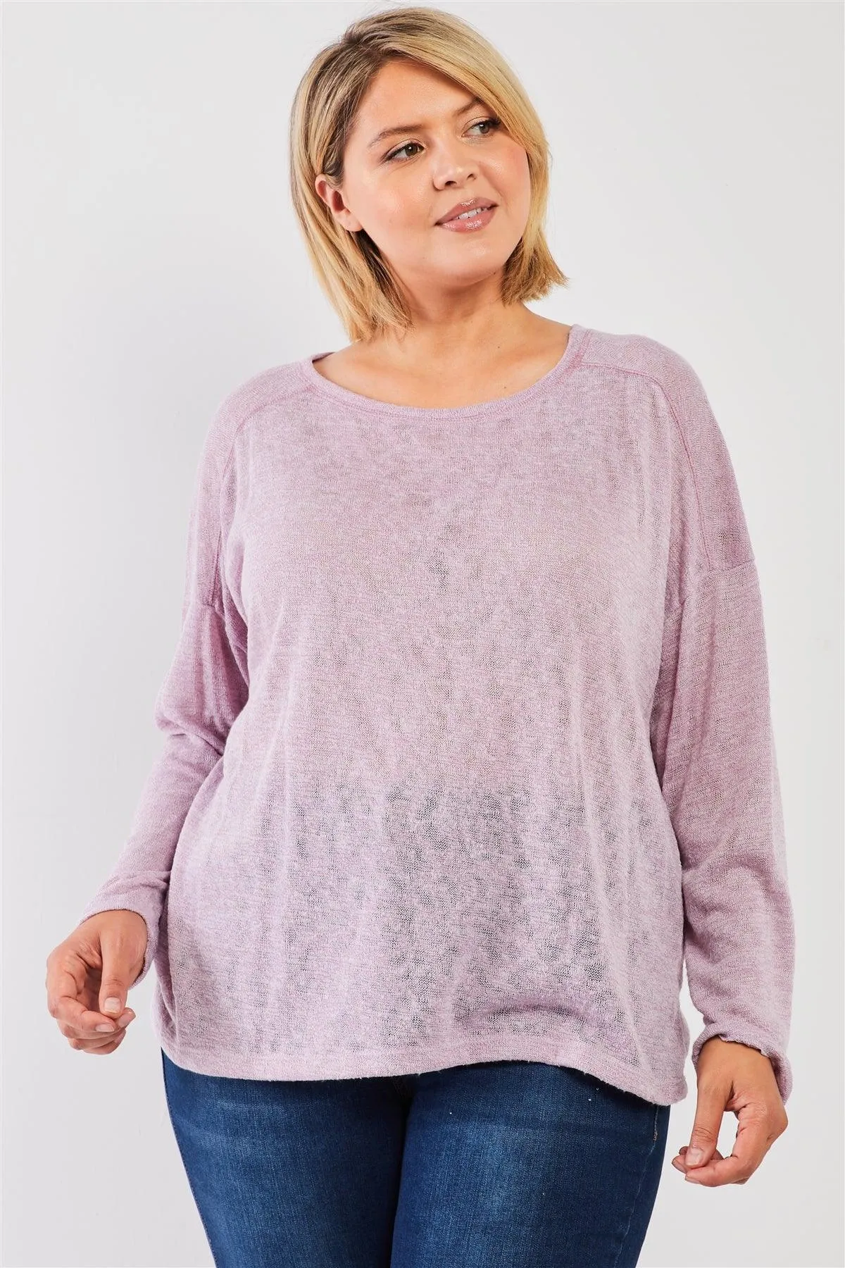 Junior Plus Blush-Lavender Round Neck Lightweight Knit Long Sleeve Top /3-2-1