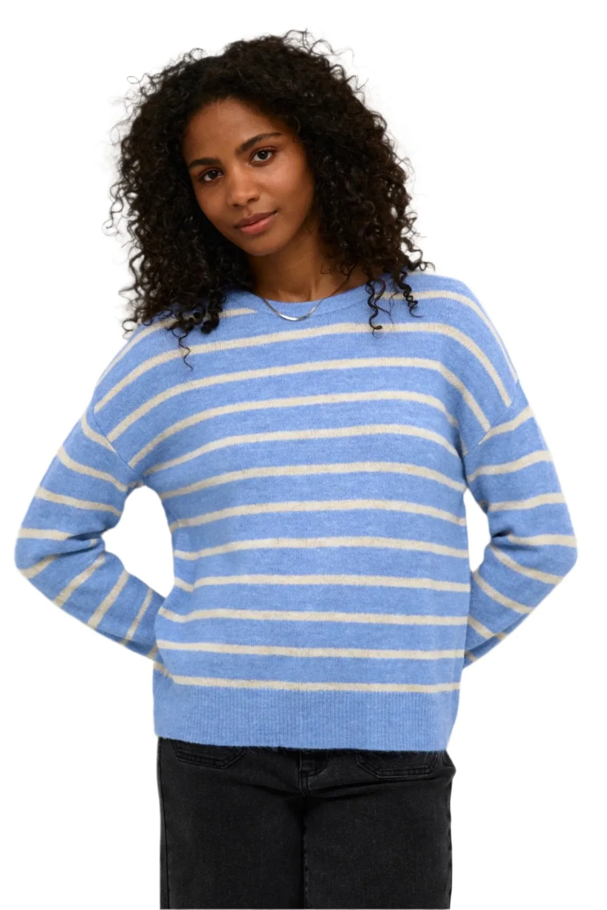 Kaffe Womens Pullover Lida Knit Blue Melange/Beige Stripe