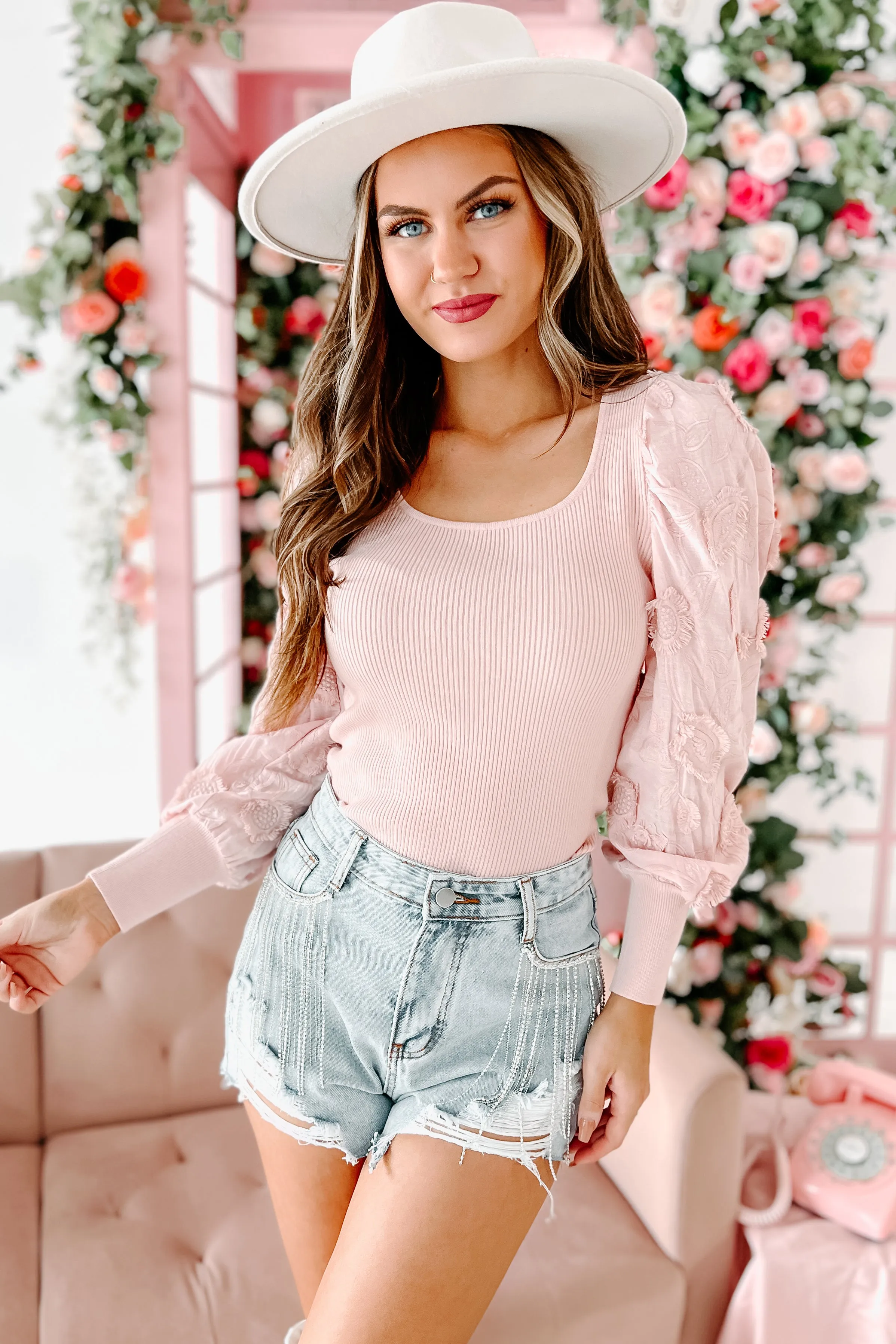 Keep It Stylish Floral Embroidered Long Sleeve Top (Pink)