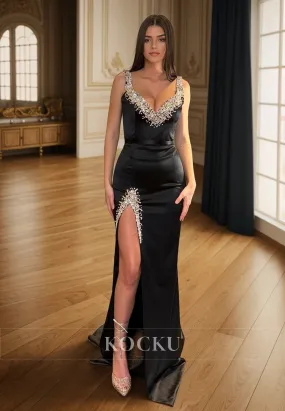 L3090 - Couture & Ornate V-Neck Sleeveless Sheath Split Evening Party Prom Dress With Rhinestone